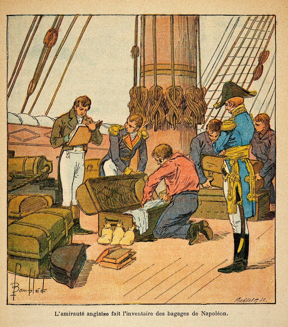 Illustration av Bombled Louis (1862-1927) från boken "The Memorial of Saint Helene" av greve Emmanuel de Las Cases (1766-1842): Den engelska Admirauten gör en inventering av kejsar Napoleons bagage innan hans avresa till St. Helene år 1815, Priva av Louis Charles Bombled