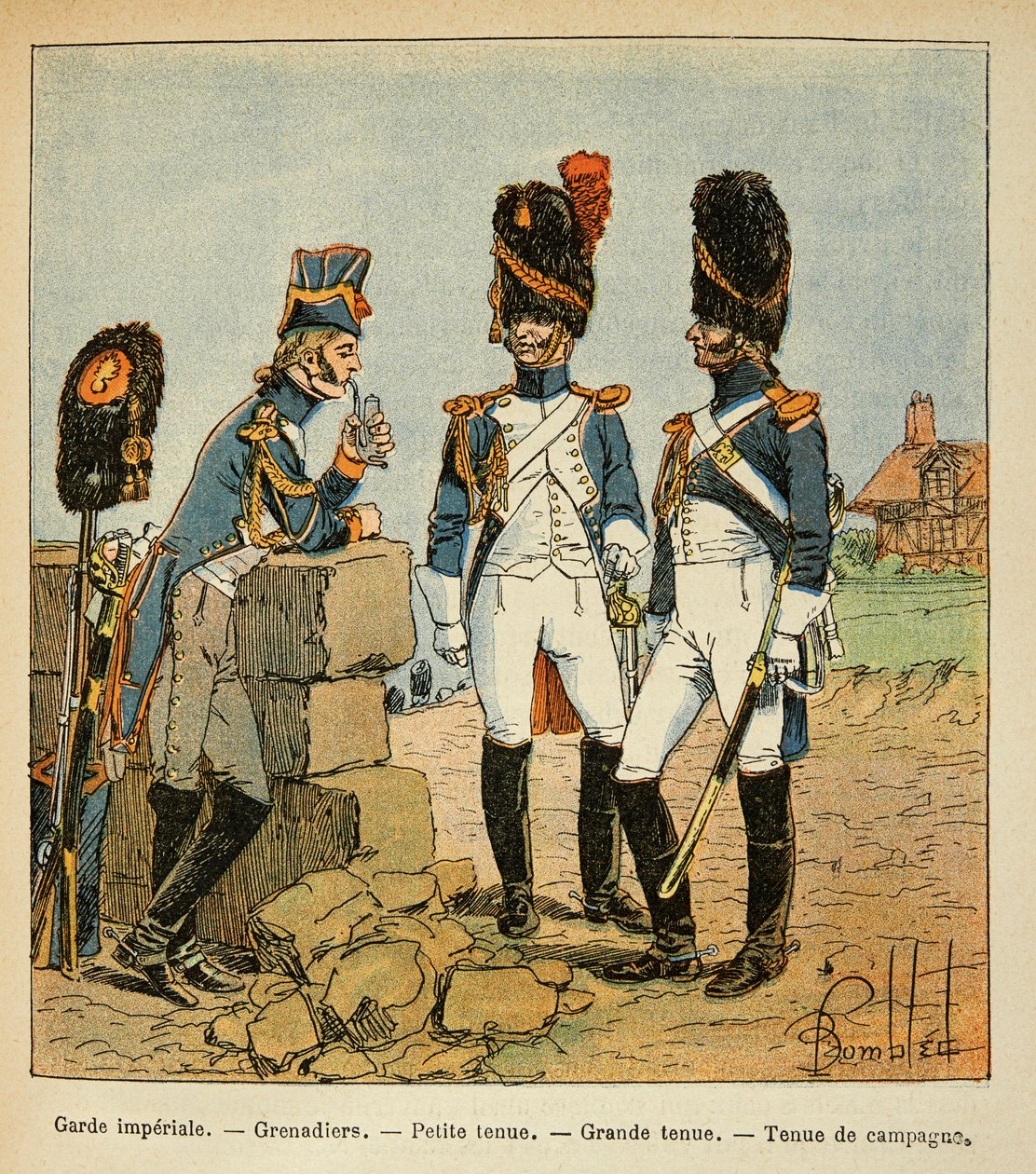 Illustration av Bombled Louis (1862-1927) från boken "The Memorial of Saint Helene" av greve Emmanuel de Las Cases (1766-1842): Kejserliga gardets grenadjärer: Liten outfit; stor outfit och country outfit, Privat samling av Louis Charles Bombled