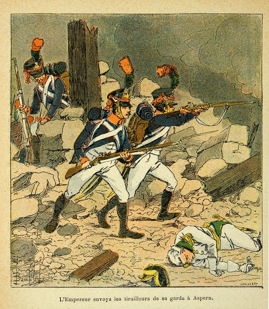 Illustration av Bombled Louis (1862-1927) från boken "The Memorial of Saint Helene" av greve Emmanuel de Las Cases (1766-1842): Kejsar Napoleon skickade sin vakt till Aspern under slaget vid Essling av Louis Charles Bombled