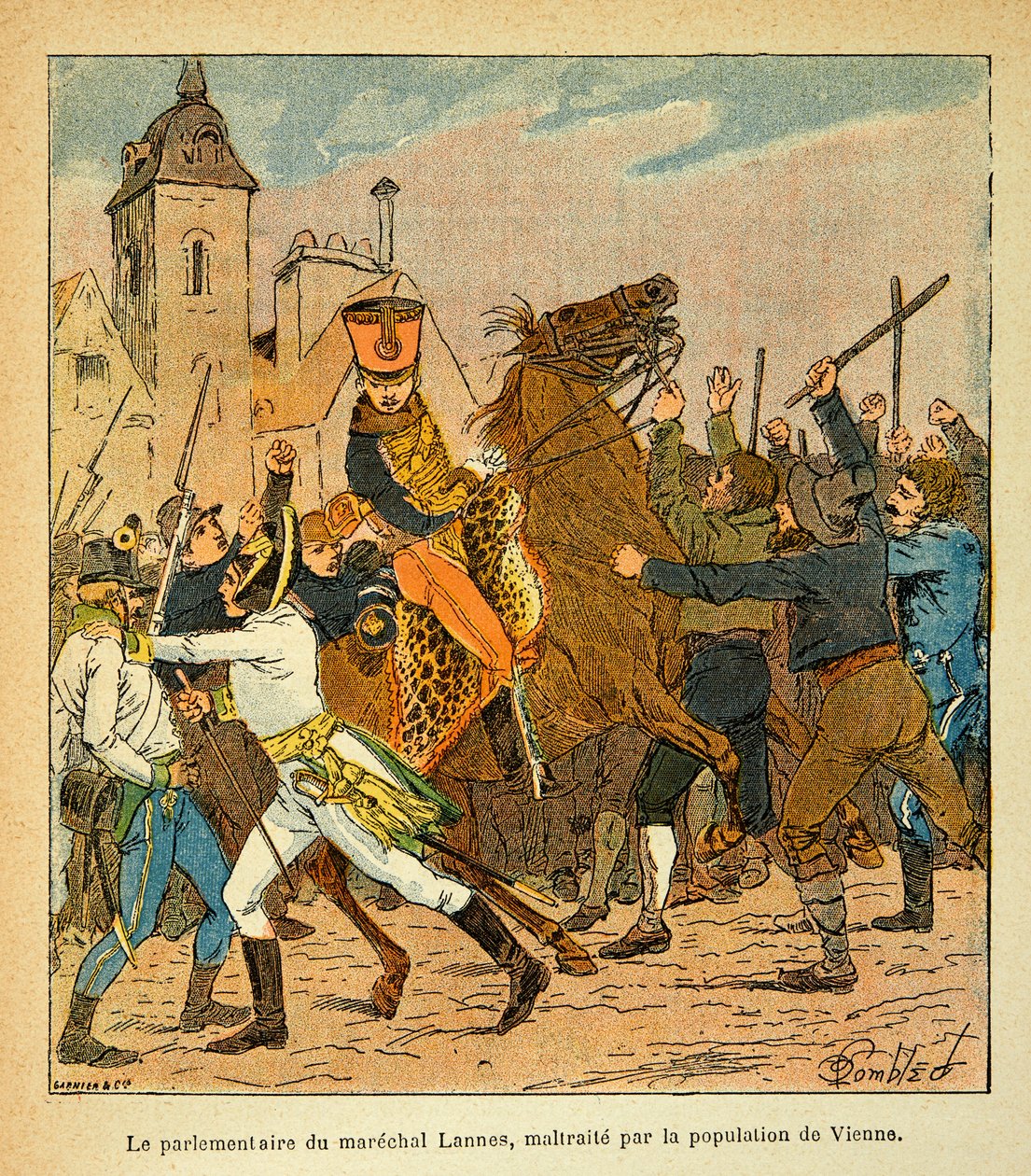 Illustration av Bombled Louis (1862-1927) från boken "The Memorial of Saint Helene" av greve Emmanuel de Las Cases (1766-1842): Parlamentarikern i Marechal Lannes misshandlad av befolkningen i Wien, privat samling av Louis Charles Bombled