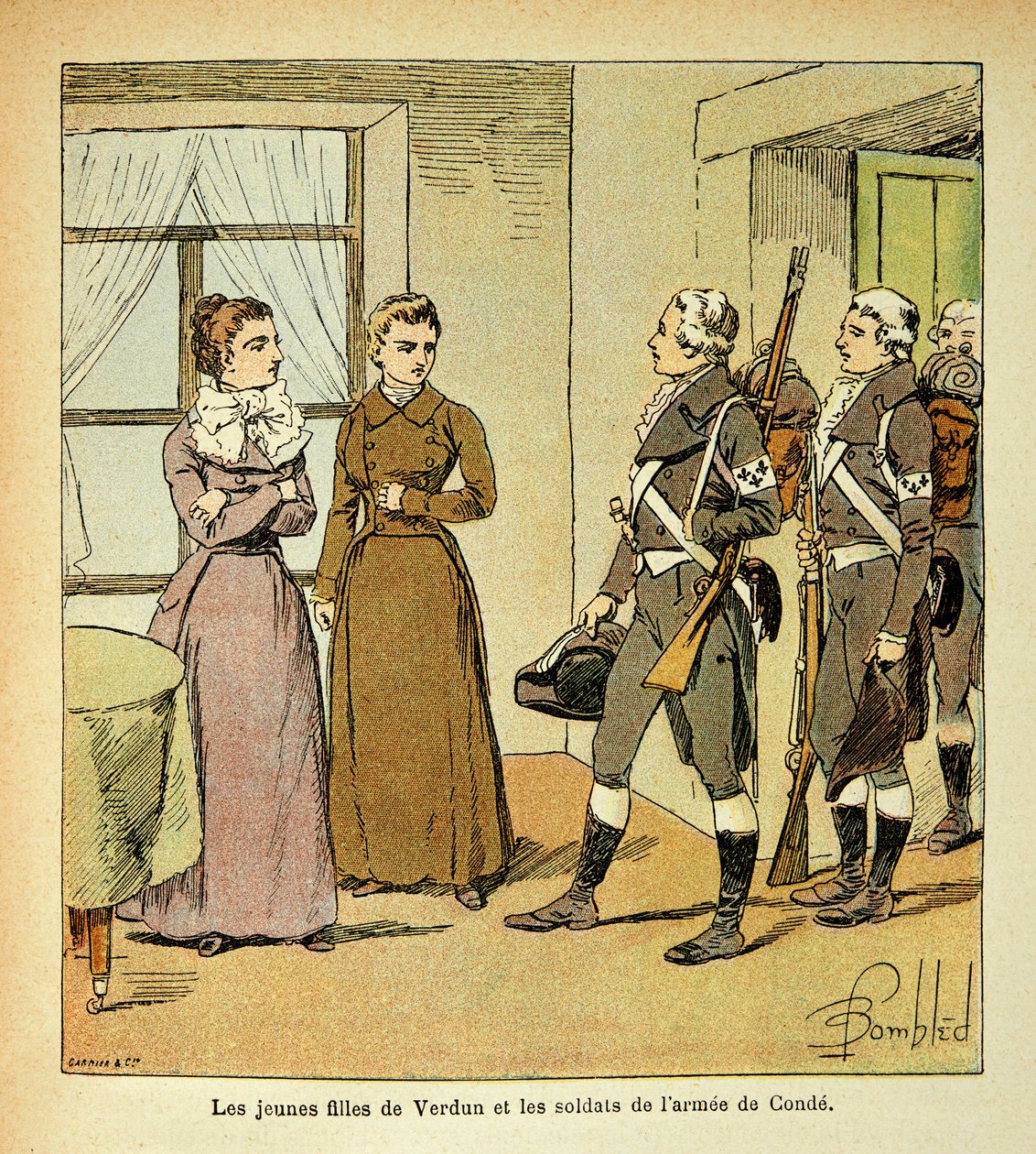 Illustration av Bombled Louis (1862-1927) från boken "The Memorial of Saint Helene" av greve Emmanuel de Las Cases (1766-1842): The Young Daughters of Verdun and the Soldiers of the Armee of Conde (Armee des Emigrres), Privat samling av Louis Charles Bombled