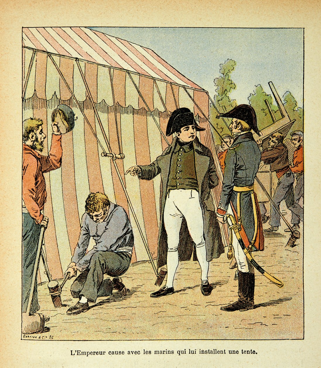 Illustration av Bombled Louis (1862-1927) från boken "The Memorial of Saint Helene" av greve Emmanuel de Las Cases (1766-1842): Kejsar Napoleon pratar med sjömännen som satte upp ett tält åt honom, Privat samling av Louis Charles Bombled