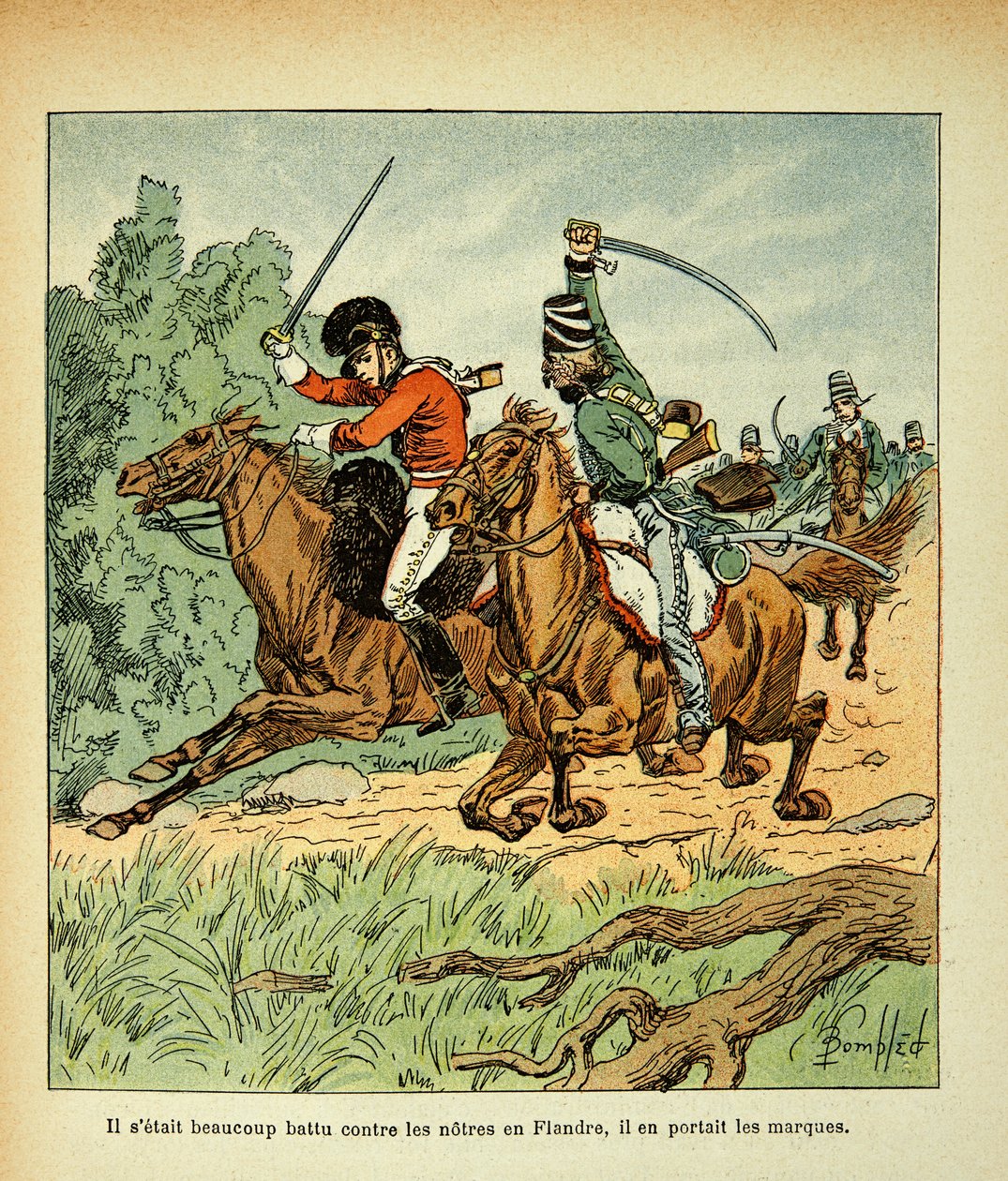Illustration av Bombled Louis (1862-1927) från boken "The Memorial of Saint Helene" av greve Emmanuel de Las Cases (1766-1842): Strid mellan franska och engelska ryttare, Privat samling av Louis Charles Bombled