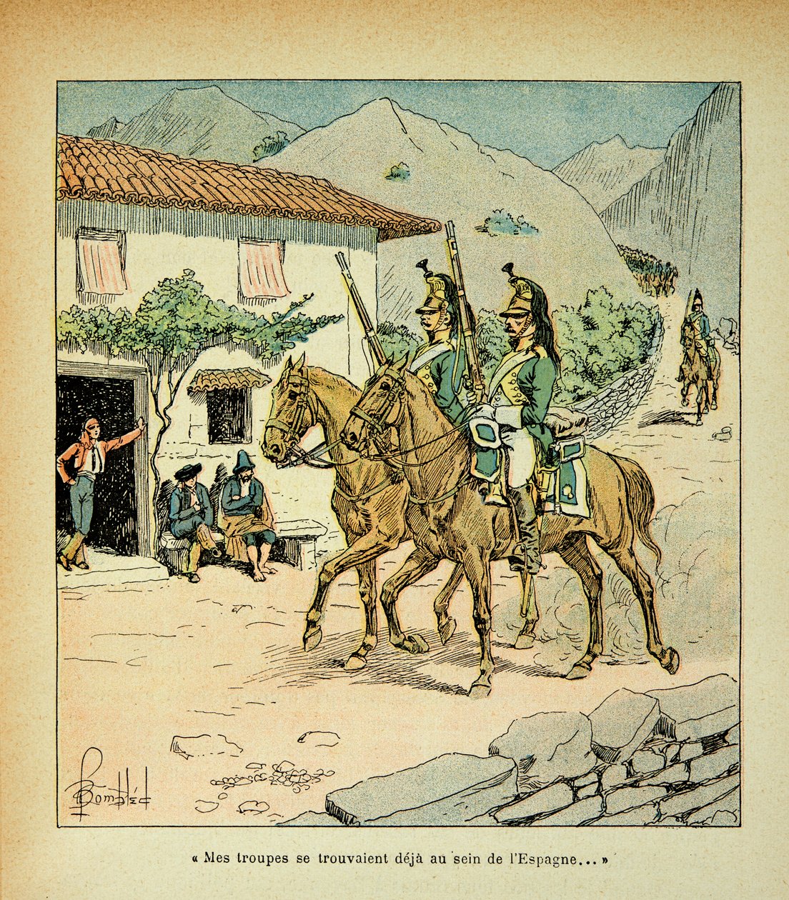 Illustration av Bombled Louis (1862-1927) från boken "The Memorial of Saint Helene" av greve Emmanuel de Las Cases (1766-1842): Franska trupper under spanska kriget, privat samling av Louis Charles Bombled