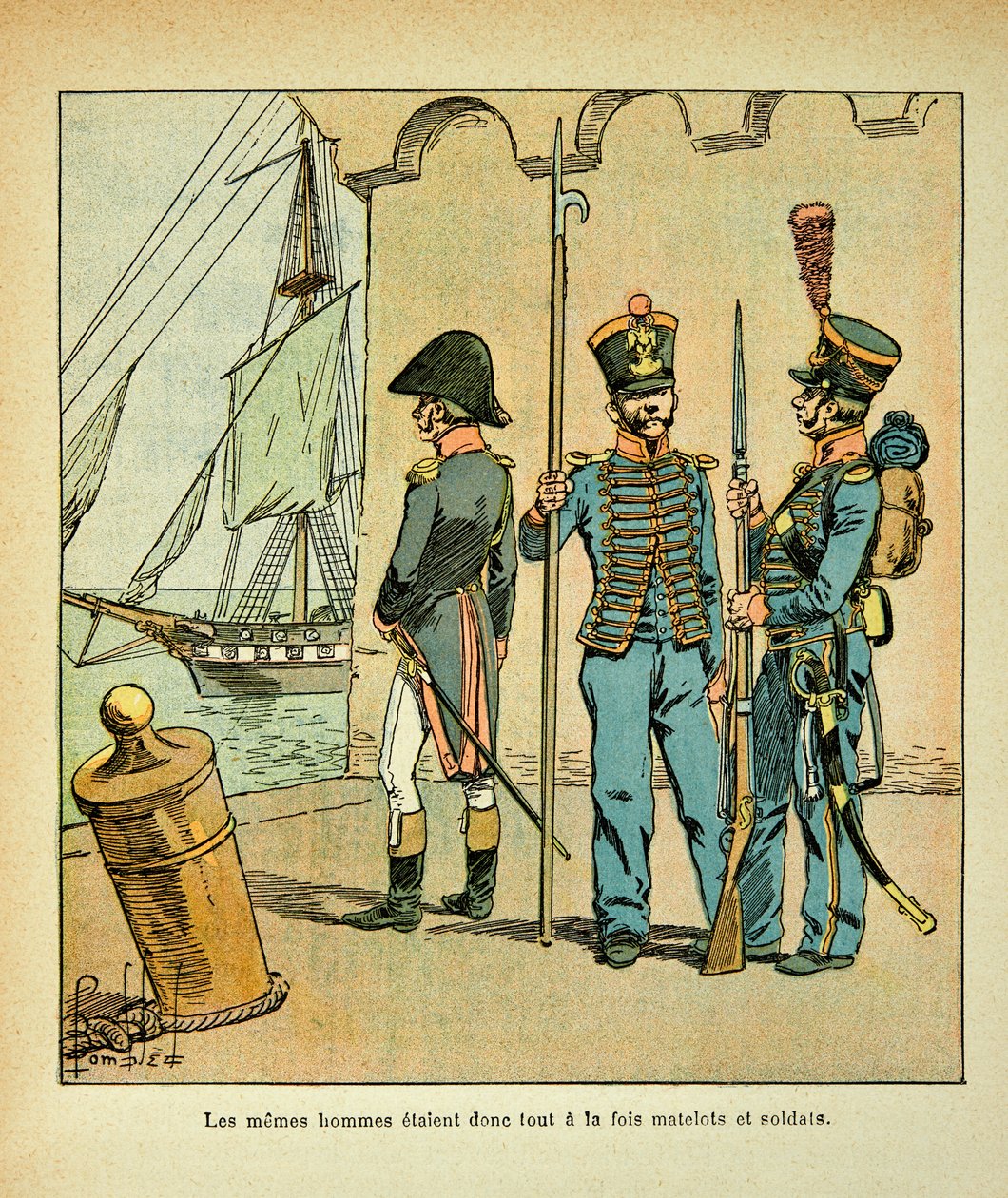 Illustration av Bombled Louis (1862-1927) från boken "The Memorial of Saint Helene" av greve Emmanuel de Las Cases (1766-1842): Fransk sjöman och soldat, privat samling av Louis Charles Bombled