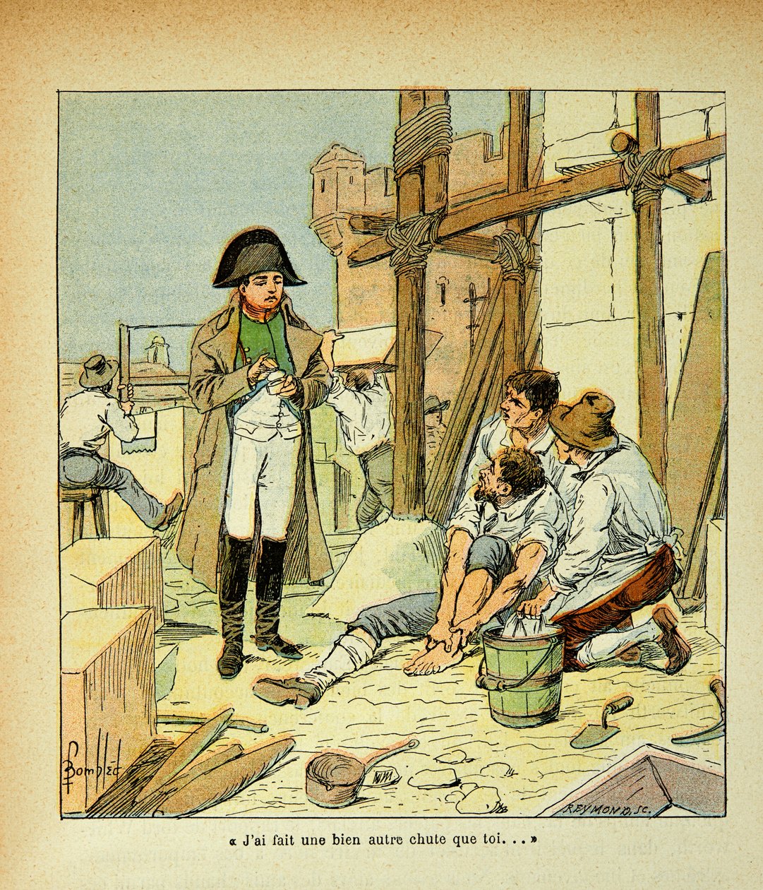 Illustration av Bombled Louis (1862-1927) från boken "The Memorial of Saint Helene" av greve Emmanuel de Las Cases (1766-1842): På ön Elba var en macon anställd i byggnaderna beställda av kejsaren grav. sa Napoleon som försökte trösta honom av Louis Charles Bombled