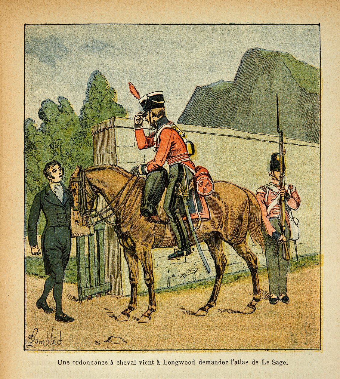 Illustration av Bombled Louis (1862-1927) från boken "The Memorial of Saint Helene" av greve Emmanuel de Las Cases (1766-1842): En förordning till en häst kommer till Longwood och ber om atlasen över Le Sage, Collection Partial av Louis Charles Bombled