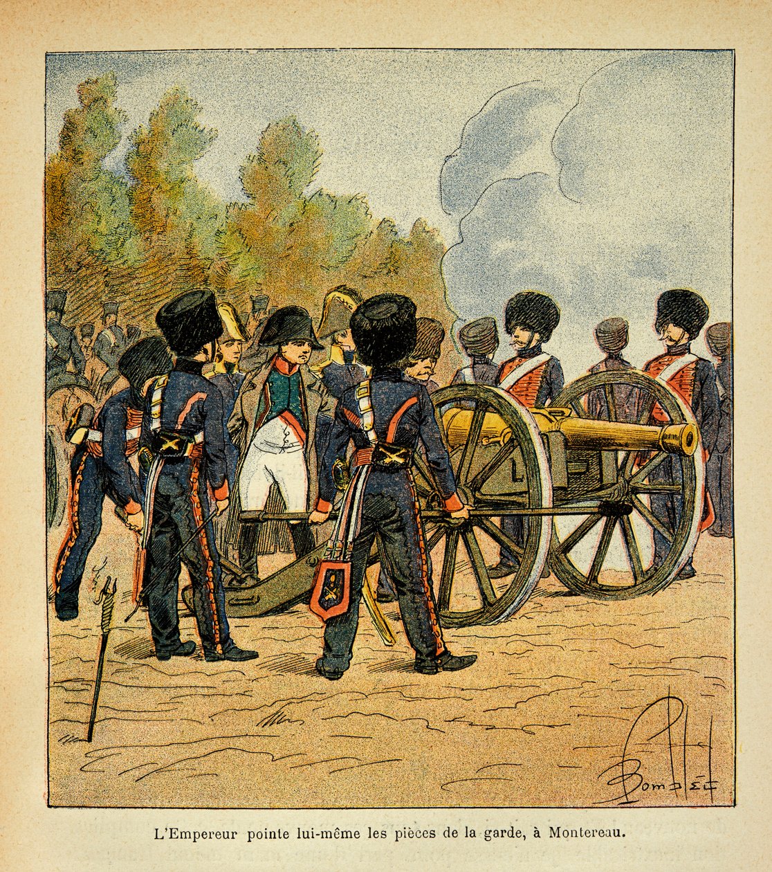Illustration av Bombled Louis (1862-1927) från boken "The Memorial of Saint Helene" av greve Emmanuel de Las Cases (1766-1842): Kejsar Napoleon riktar själv vaktens vapen mot slaget vid Montereau, privat samling av Louis Charles Bombled
