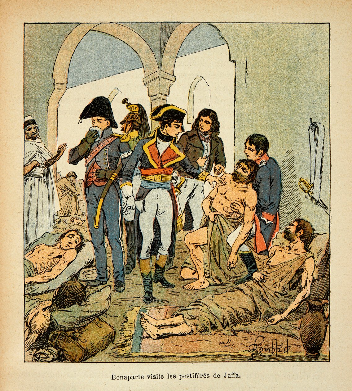 Illustration av Bombled Louis (1862-1927) från boken "The Memorial of Saint Helene" av greve Emmanuel de Las Cases (1766-1842): Bonaparte besöker pestifererna i Jaffa, privat samling av Louis Charles Bombled
