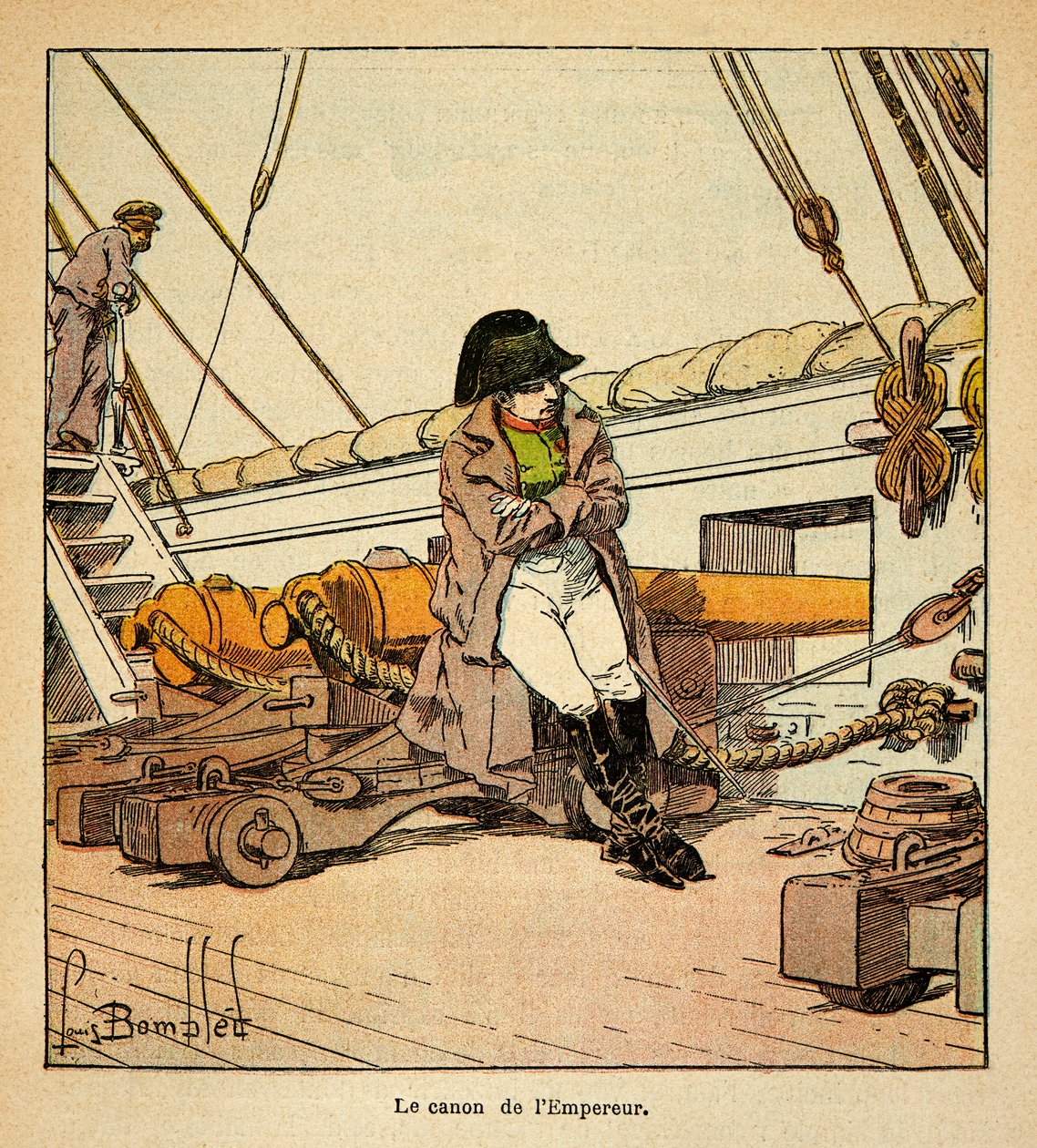 Illustration av Bombled Louis (1862-1927) från boken "The Memorial of Saint Helene" av greve Emmanuel de Las Cases (1766-1842); Kejsar Napoleon ombord på Northumberland 1815, privat samling av Louis Charles Bombled