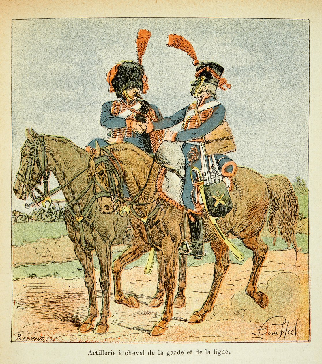 Illustration av Bombled Louis (1862-1927) från boken "The Memorial of Saint Helene" av greve Emmanuel de Las Cases (1766-1842): Artillery a horse of the Guard and the Line, Privat samling av Louis Charles Bombled