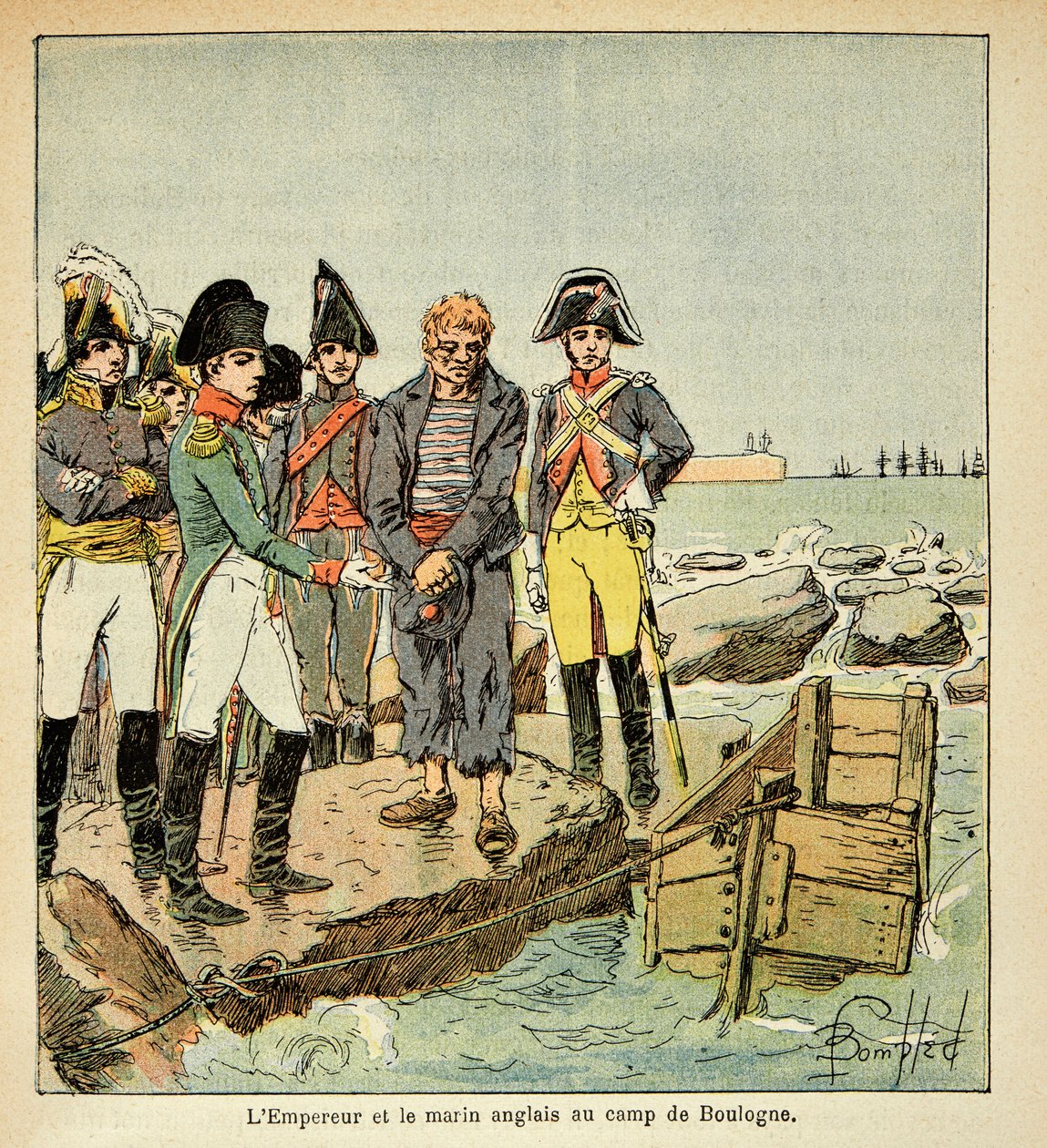 Illustration av Bombled Louis (1862-1927) från boken "The Memorial of Saint Helene" av greve Emmanuel de Las Cases (1766-1842): En engelsk sjöman som vill ansluta sig till sitt land befriat av kejsaren i lägret Boulogne, menig Samling av Louis Charles Bombled