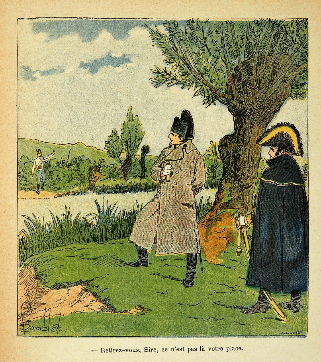 Illustration av Bombled Louis (1862-1927) från boken "The Memorial of St. Helene" av greve Emmanuel de Las Cases (1766-1842): På ön Laubo under slaget vid Esling tar Napoleon risker, en österrikisk officer uppmanar kejsaren "" Withdr av Louis Charles Bombled