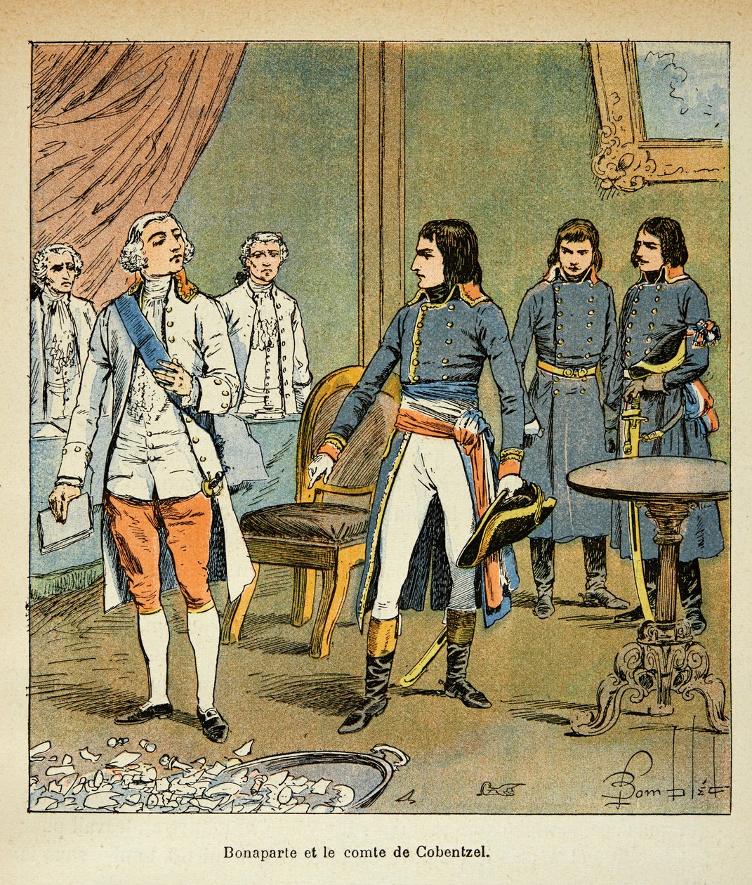 Illustration av Bombled Louis (1862-1927) från boken "The Memorial of St. Helene" av greve Emmanuel de Las Cases (1766-1842): Intervju mellan Bonaparte och greve Louis Cobenzl, Österrikes kansler under handeln med Campo Formio, Privat samling av Louis Charles Bombled