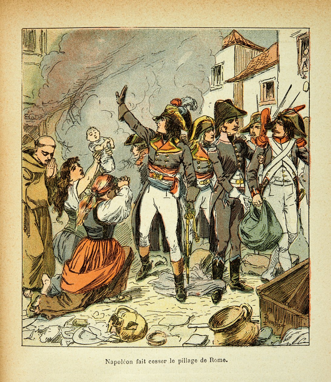 Illustration av Bombled Louis (1862-1927) från boken "The Memorial of St. Helene" av greve Emmanuel de Las Cases (1766-1842): Bonaparte upphör med plundringen av Rom, privat samling av Louis Charles Bombled