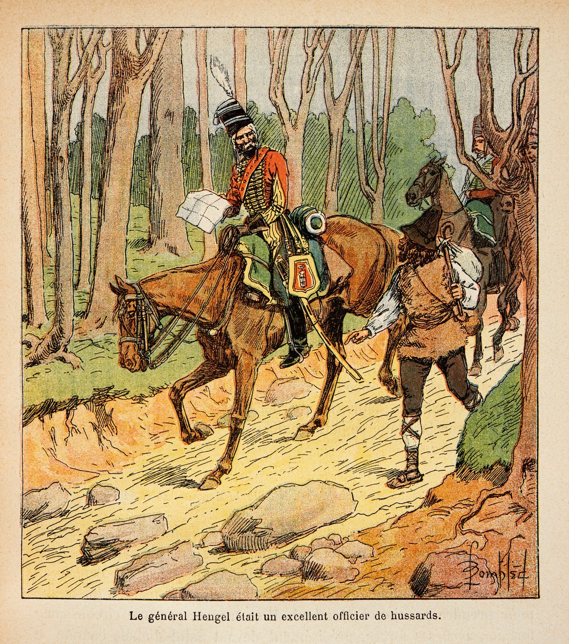 Illustration av Bombled Louis (1862-1927) från boken "The Memorial of St. Helene" av greve Emmanuel de Las Cases (1766-1842): General Hengel, officer av husarer under den italienska kampanjen, privat samling av Louis Charles Bombled