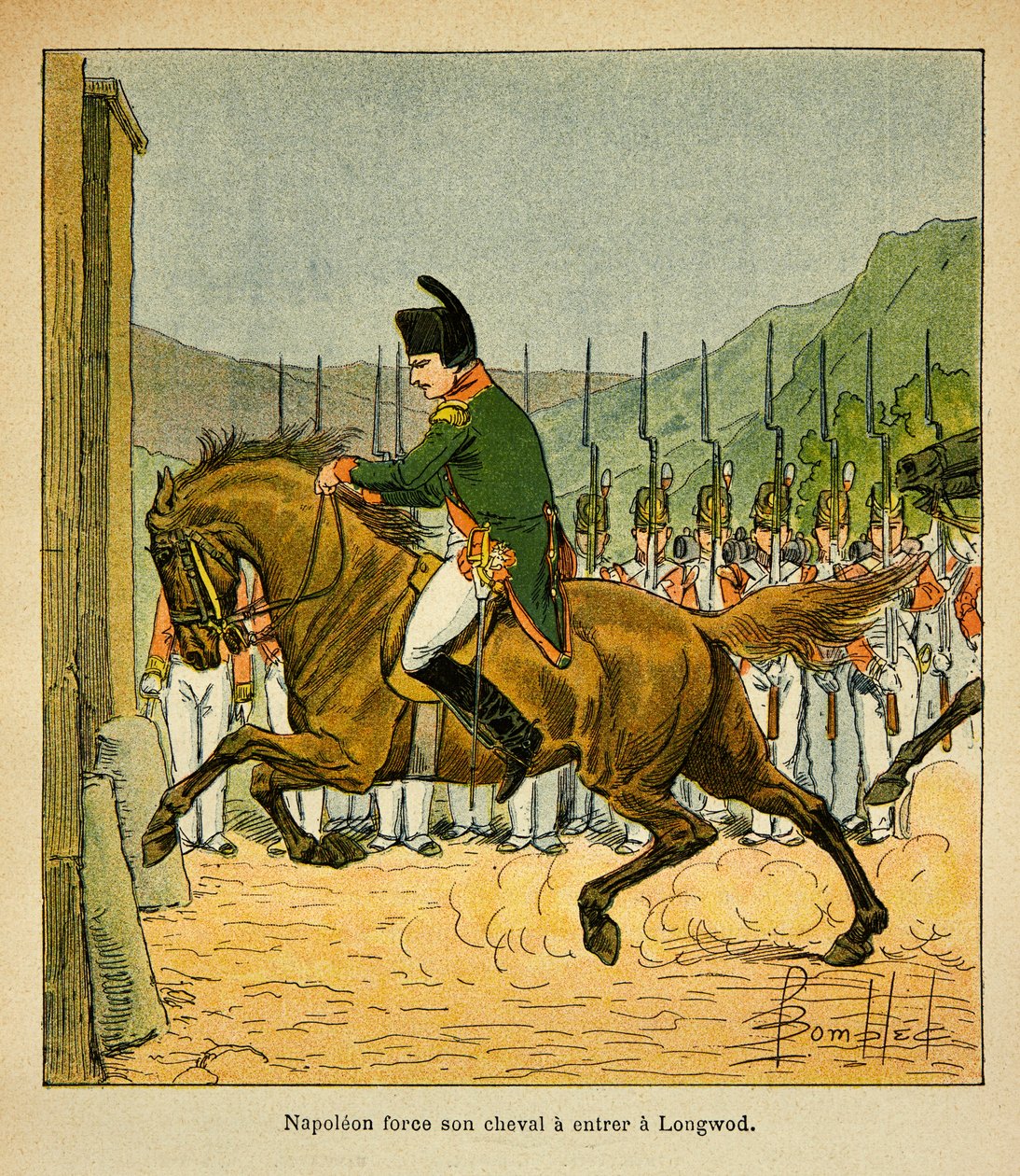 Illustration av Bombled Louis (1862-1927) från boken "The Memorial of St. Helene" av greve Emmanuel de Las Cases (1766-1842): Kejsar Napoleon tvingar sin häst att gå in i Longwood vid St. Helene, privat samling av Louis Charles Bombled