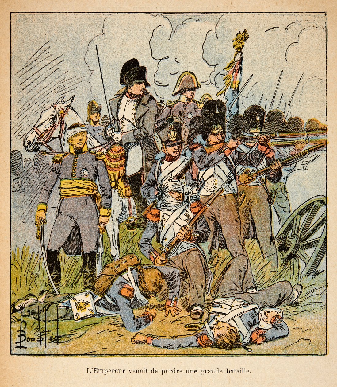 Illustration av Bombled Louis (1862-1927) från boken "The Memorial of St. Helene" av greve Emmanuel de Las Cases (1766-1842): Kejsaren Napoleon vid slaget vid Waterloo 1815, privat samling av Louis Charles Bombled