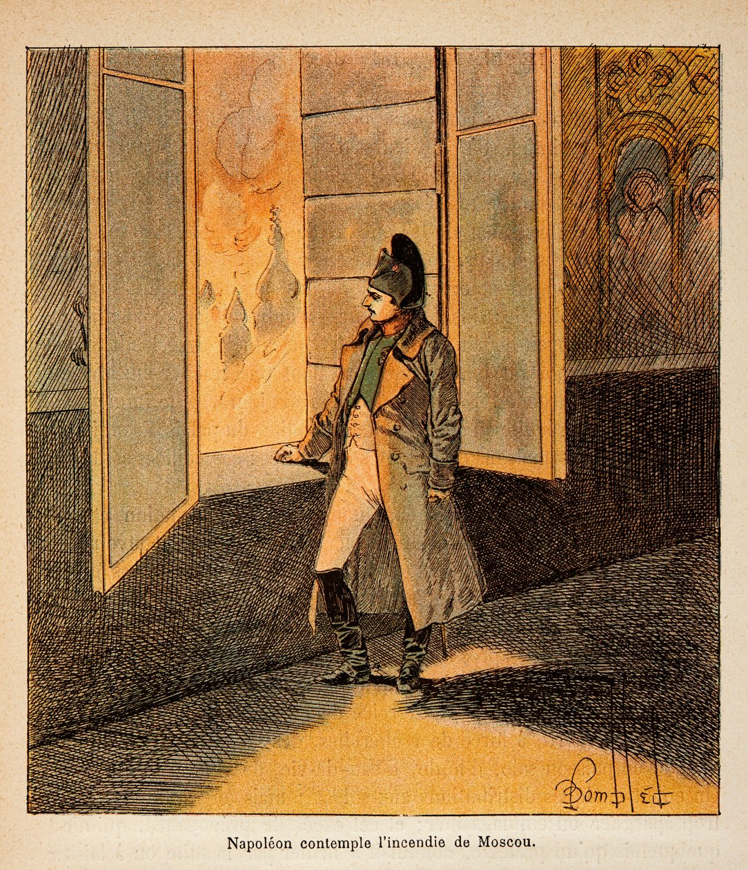 Illustration av Bombled Louis (1862-1927) från boken "The Memorial of St. Helene" av greve Emmanuel de Las Cases (1766-1842): Kejsar Napoleon överväger Moskvas brand i september 1812, privat samling av Louis Charles Bombled