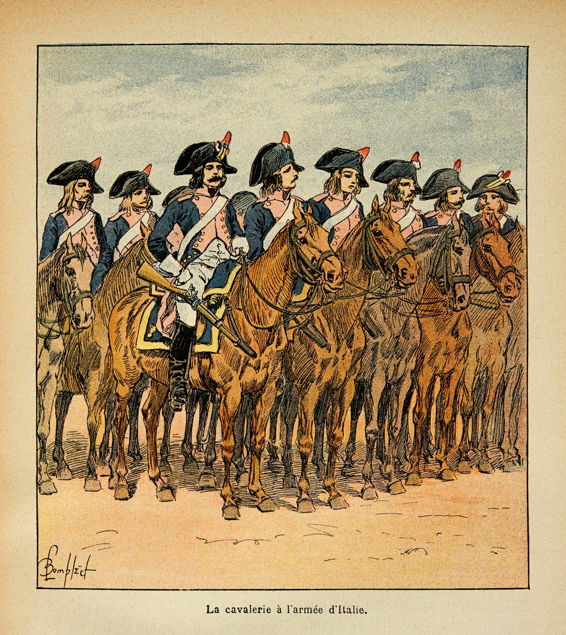 Illustration av Bombled Louis (1862-1927) från boken "The Memorial of St. Helene" av greve Emmanuel de Las Cases (1766-1842): Kavalleri med Armee of Italy, Privat samling av Louis Charles Bombled
