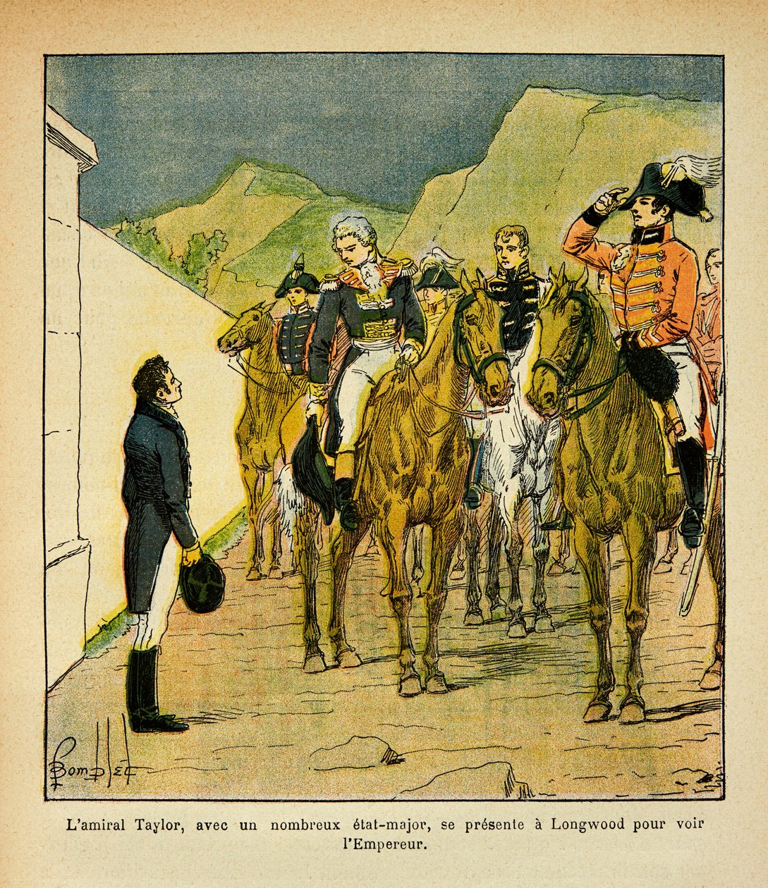 Illustration av Bombled Louis (1862-1927) från boken "The Memorial of St. Helene" av greve Emmanuel de Las Cases (1766-1842): Amiral Taylor med en generalstab presenterar sig i Longwood för att träffa kejsar Napoleon, privatsamling av Louis Charles Bombled