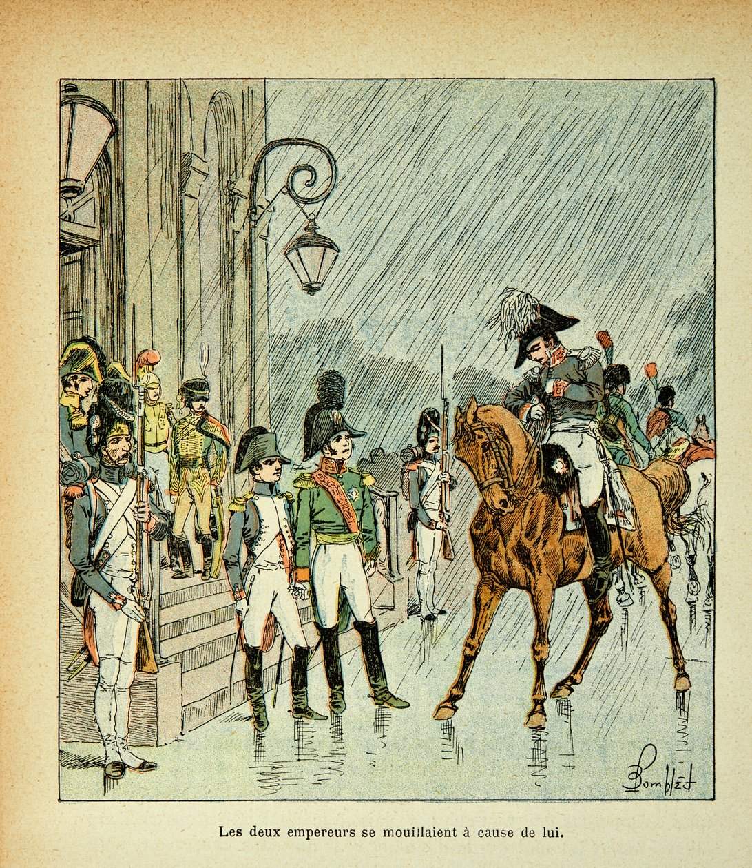 Illustration av Bombled Louis (1862-1927) från boken "The Memorial of St. Helene" av greve Emmanuel de Las Cases (1766-1842): Kejsar Napoleon, kung av Preussen och tsar Alexander I (1777-1825) vid Tilsitt Fördrag 1807, Privat samling av Louis Charles Bombled