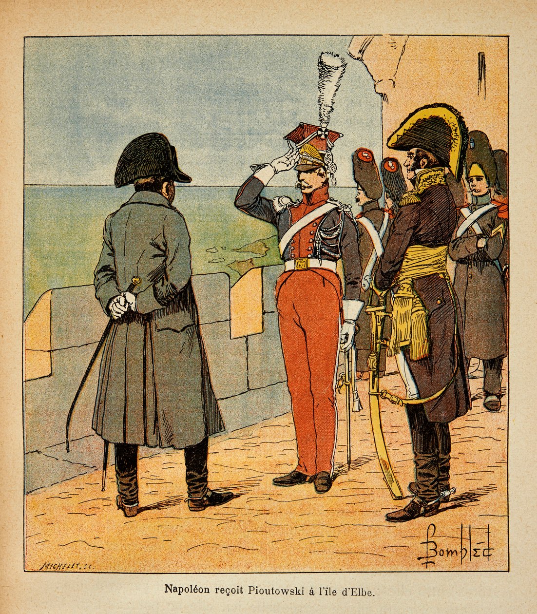 Illustration av Bombled Louis (1862-1927) från boken "The Memorial of St. Helene" av greve Emmanuel de Las Cases (1766-1842): Kejsar Napoleon tar emot marskalken Poniatowski på ön Elba, privat samling. av Louis Charles Bombled