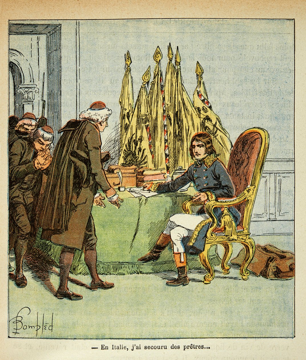 Illustration av Bombled Louis (1862-1927) från boken "The memorial se Sainte Helene" av greve Emmanuel de Las Cases (1766-1842): Under den italienska kampanjen räddar Bonaparte präster, Privat samling av Louis Charles Bombled