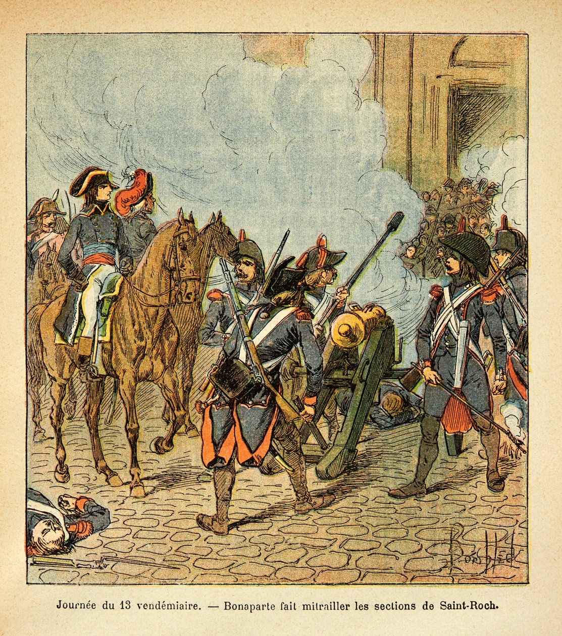 Illustration av Bombled Louis (1862-1927) från boken "The memorial se Sainte Helene" av greve Emmanuel de Las Cases (1766-1842): Fredag den 13:e dagen, Bonaparte låter Saint Rochs sektioner skjuta med en kanon, privat samling. av Louis Charles Bombled