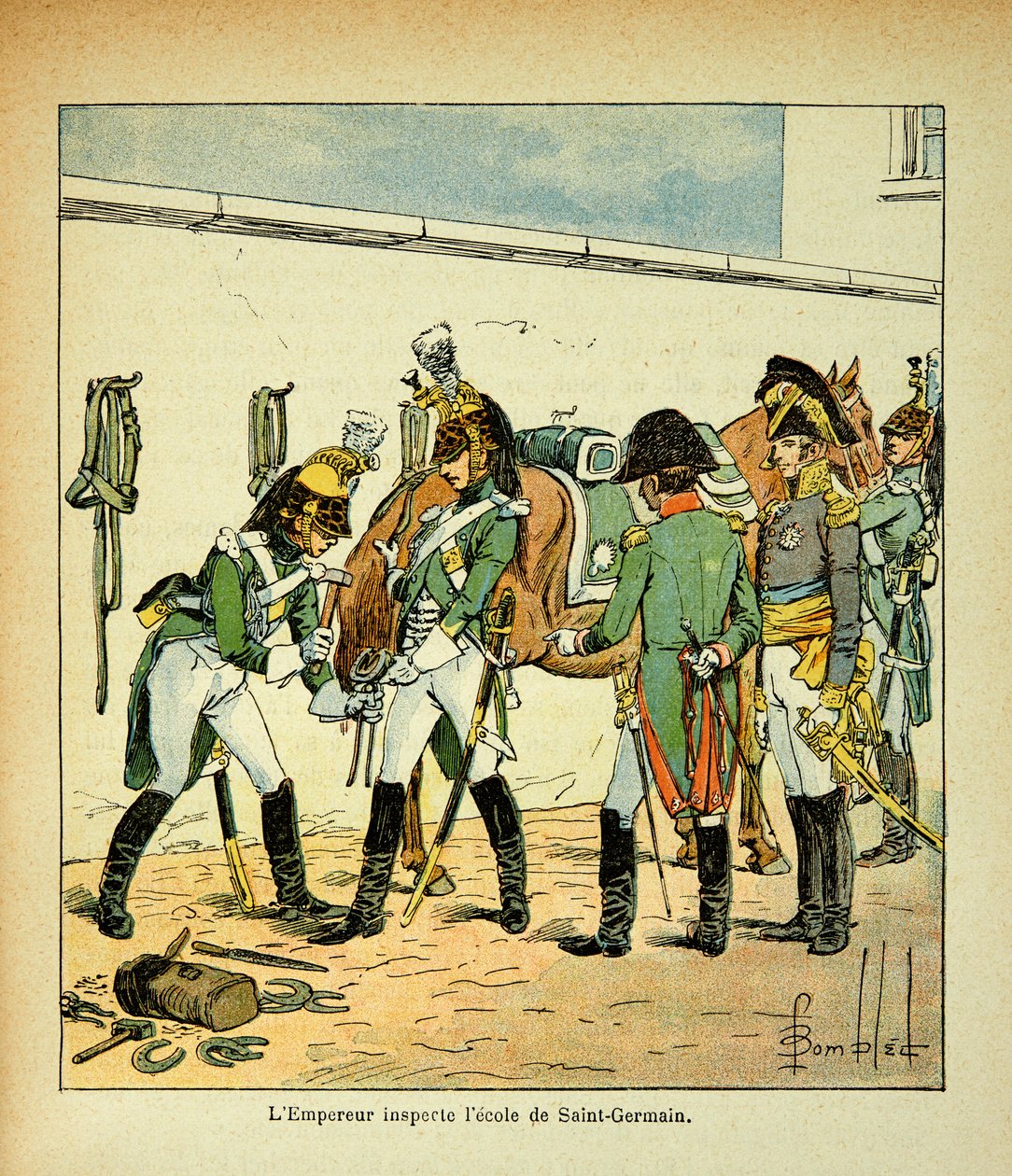Illustration av Bombled Louis (1862-1927) från boken "The memorial se Sainte Helene" av greve Emmanuel de Las Cases (1766-1842): Kejsar Napoleon inspekterar skolan i Saint Germain, privat samling. av Louis Charles Bombled