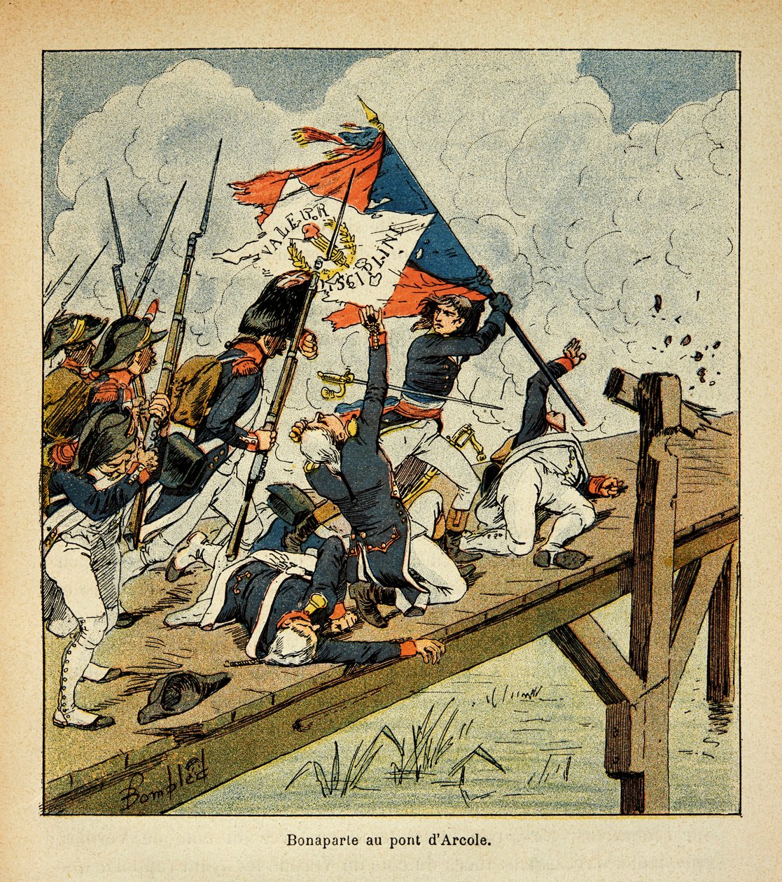 Illustration av Bombled Louis (1862-1927) från boken "The memorial se Sainte Helene" av greve Emmanuel de Las Cases (1766-1842): Bonaparte vid bron av Arcole, privat samling av Louis Charles Bombled