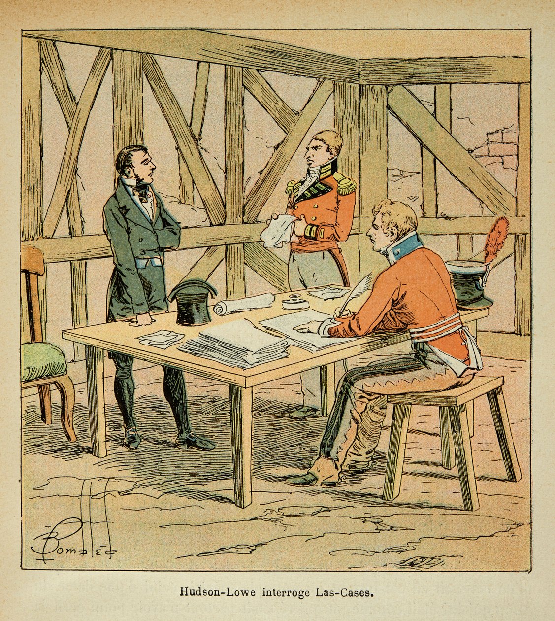 Illustration av bombade Louis (1862-1927) från greve Emmanuel de Las Cases (1766-1842): Guvernör Hudson Lowe (1769-1844) ifrågasätter Las Cases, privat samling av Louis Charles Bombled