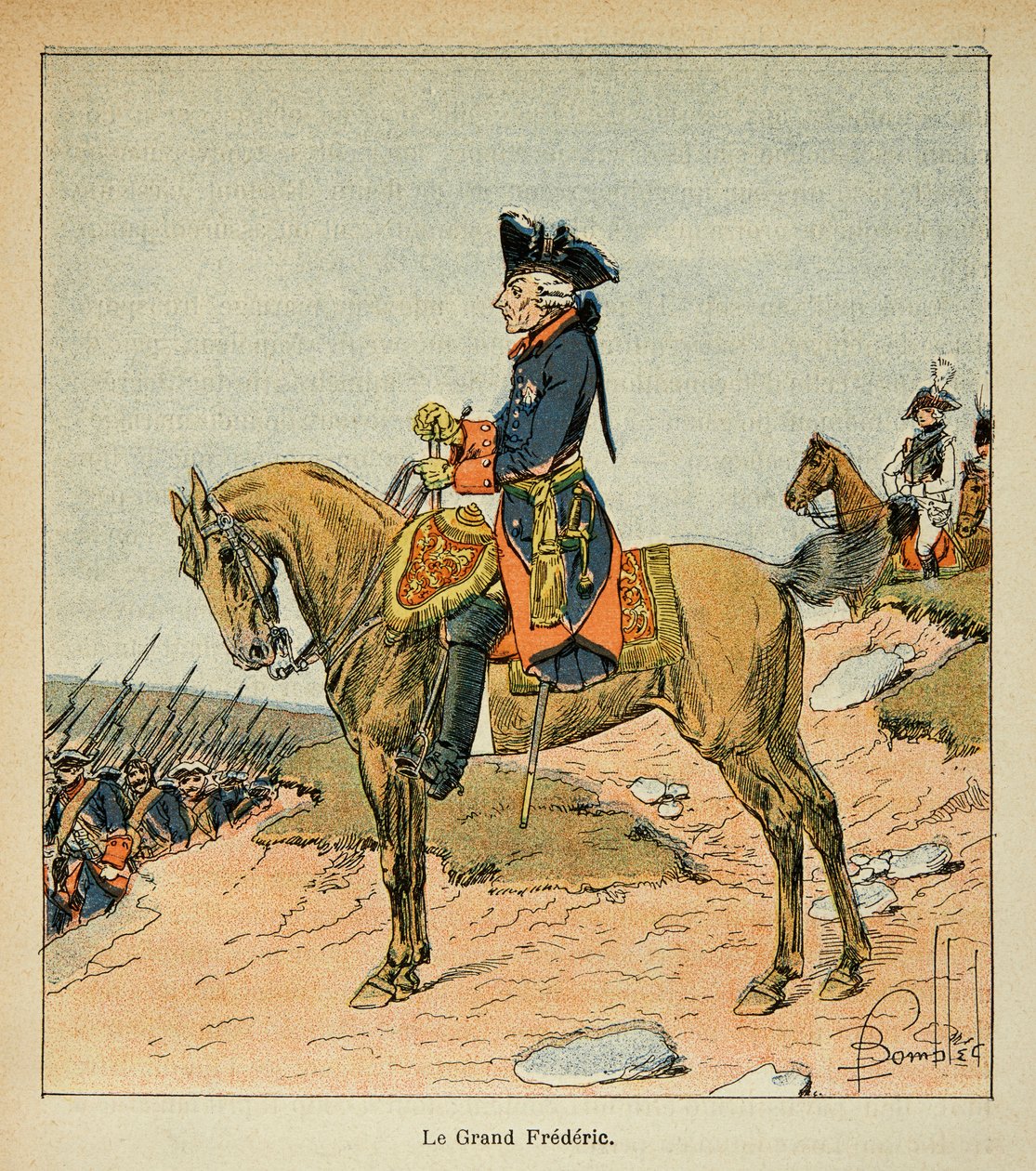 Illustration av den bombade Louis (1862-1927) från boken "The Memorial Se Sainte Helene" av greve Emmanuel de Las Cases (1766-1842): Ridsporträtt av Fredrik II av Preussen kallad den store Fredrik (1712 - 1786), menig Samling av Louis Charles Bombled