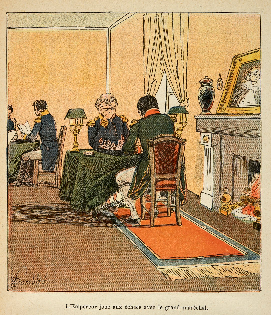Illustration av den bombade Louis (1862-1927) från boken "The Memorial of Saint Helene" av greve Emmanuel de Las Cases (1766-1842): Napoleon och stormarechal Henri Gatien Bertrand (1773-1844) spelar schack i augusti 1816 på Ste Helene, Privat samling av Louis Charles Bombled