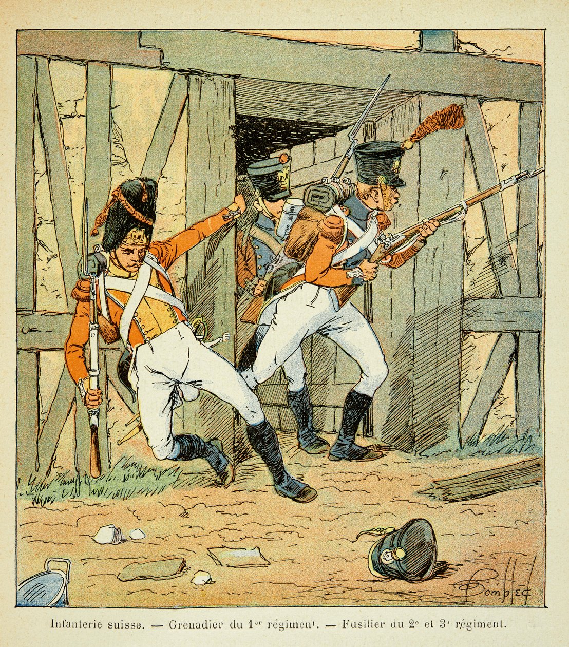 Illustration av den bombade Louis (1862-1927) från boken "The Memorial of Saint Helene" av greve Emmanuel de Las Cases (1766-1842): Schweiziskt infanteri: grenadjär vid 1:a regementet och fusilier i 2:a, 3:e och 3:e regementet, Privat samling av Louis Charles Bombled