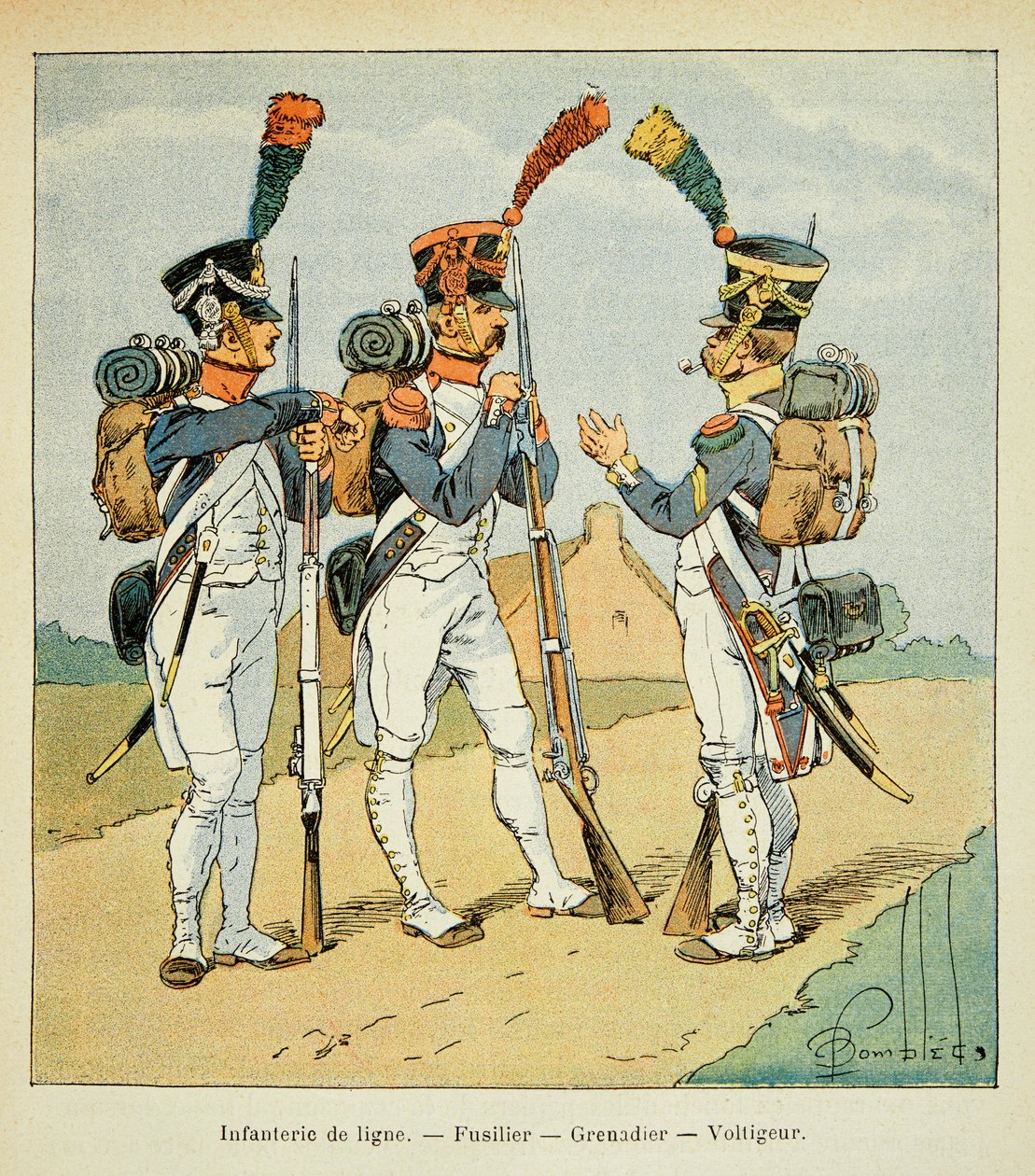 Illustration av bombade Louis (1862-1927) från boken "The Memorial of Saint Helene" av greve Emmanuel de Las Cases (1766-1842): Armee Francaise: Linjeinfanteri: fusilier, grenadier och voltiger, Privat samling av Louis Charles Bombled