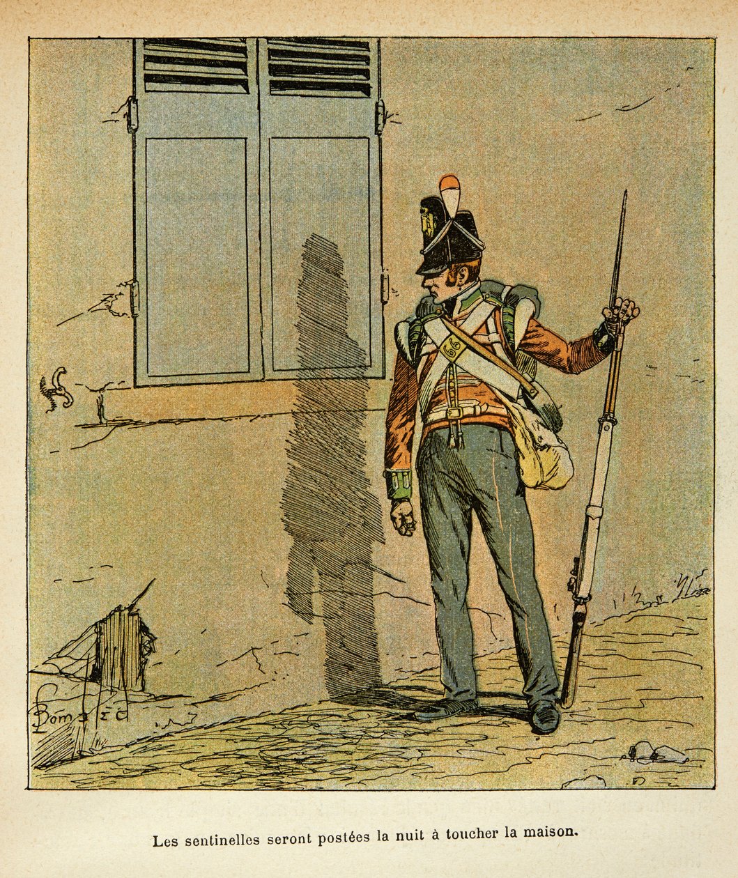 Illustration av bombade Louis (1862-1927) från boken "The Memorial of Saint Helene" av greve Emmanuel de Las Cases (1766-1842): Engelsk vaktpost stationerad nära kejsarens hus i St. Helene, privat samling av Louis Charles Bombled