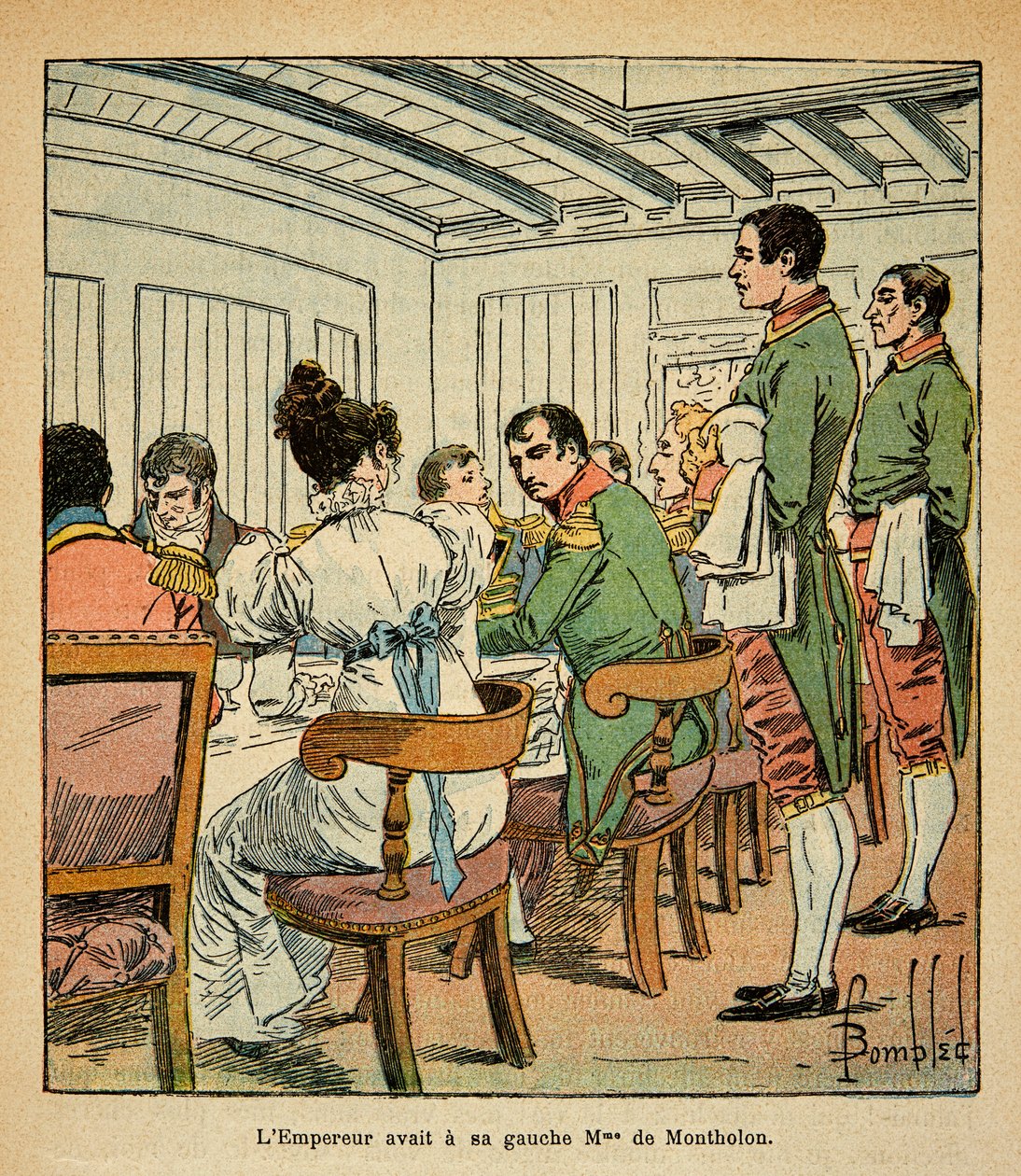 Illustration av den bombade Louis (1862-1927) från boken "The Memorial of Saint Helene" av greve Emmanuel de Las Cases (1766-1842): Middag av kejsar Napoleon ombord på Northumberland på väg till St. Helene, med Mrs. De Montholon till vänster om henne, meni av Louis Charles Bombled