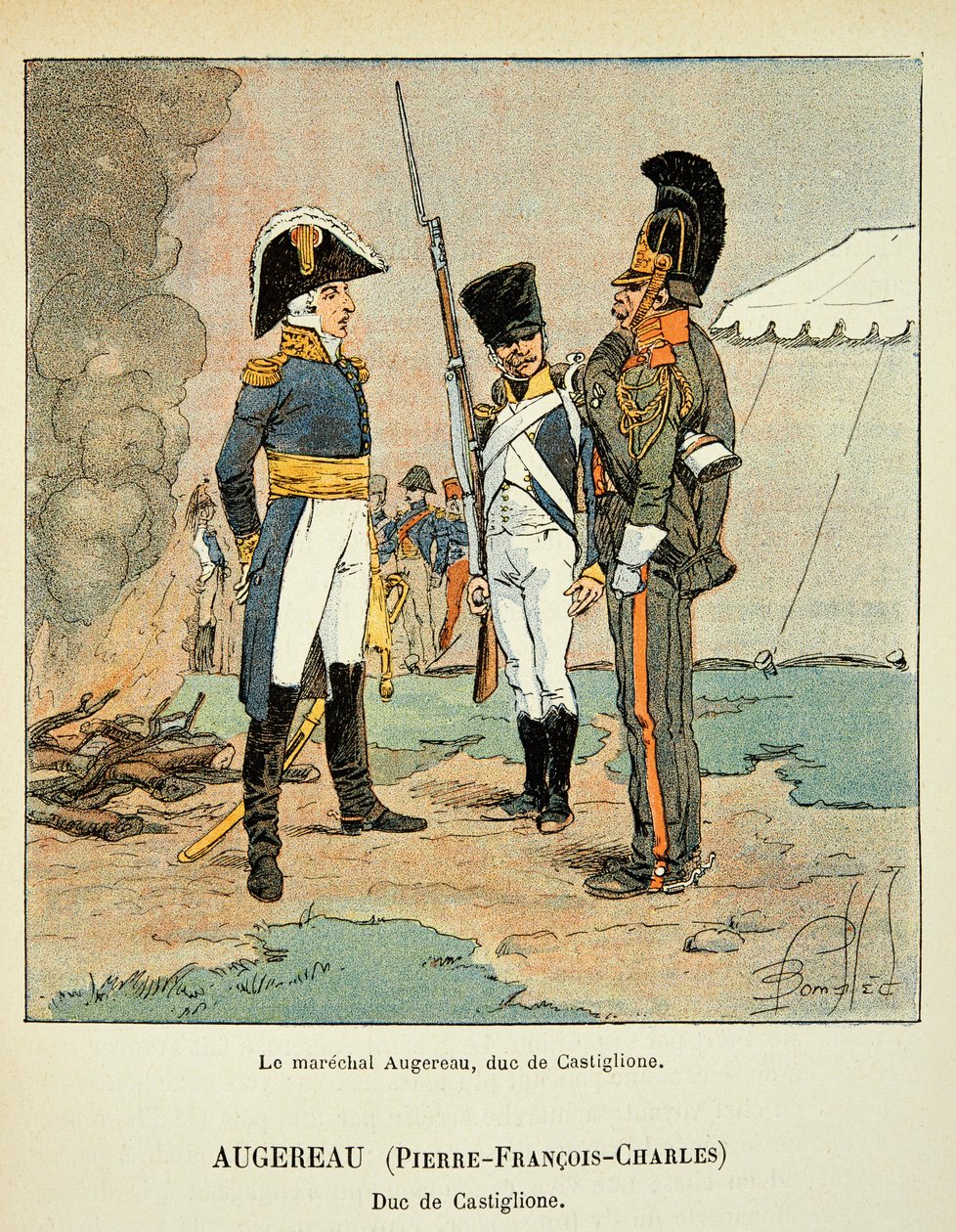 Illustration av den bombade Louis (1862-1927) från boken "The Memorial of Saint Helene" av greve Emmanuel de Las Cases (1766-1842): Le marechal Pierre Augereau (1757-1816), hertig av Castiglione, privat samling av Louis Charles Bombled