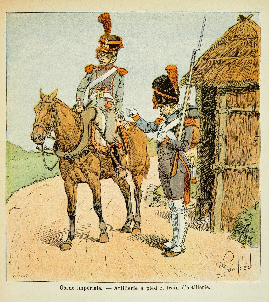 Illustration av den bombade Louis (1862-1927) från boken "The Memorial of Saint Helene" av greve Emmanuel de Las Cases (1766-1842): Kejsergardet: Artilleri till fots och artilleritåg, privat samling av Louis Charles Bombled