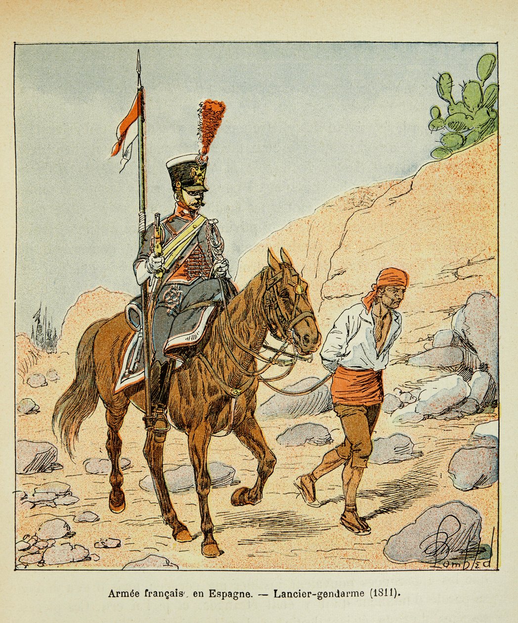 Illustration av bombade Louis (1862-1927) från boken "The Memorial of Saint Helene" av greve Emmanuel de Las Cases (1766-1842): Fransk Armee i Spanien: Lancier gendarme 1811, privat samling av Louis Charles Bombled