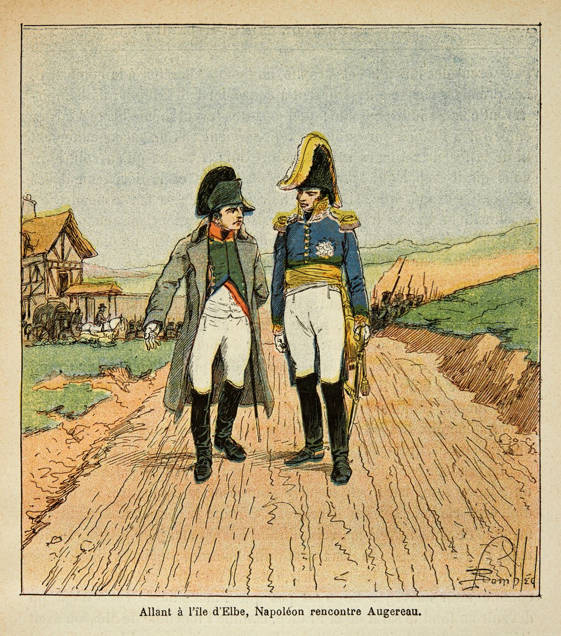 Illustration av den bombade Louis (1862-1927) från boken "The Memorial of Saint Helene" av greve Emmanuel de Las Cases (1766-1842): På väg till ön Elba möter Napoleon Augereau, Privatsamling av Louis Charles Bombled