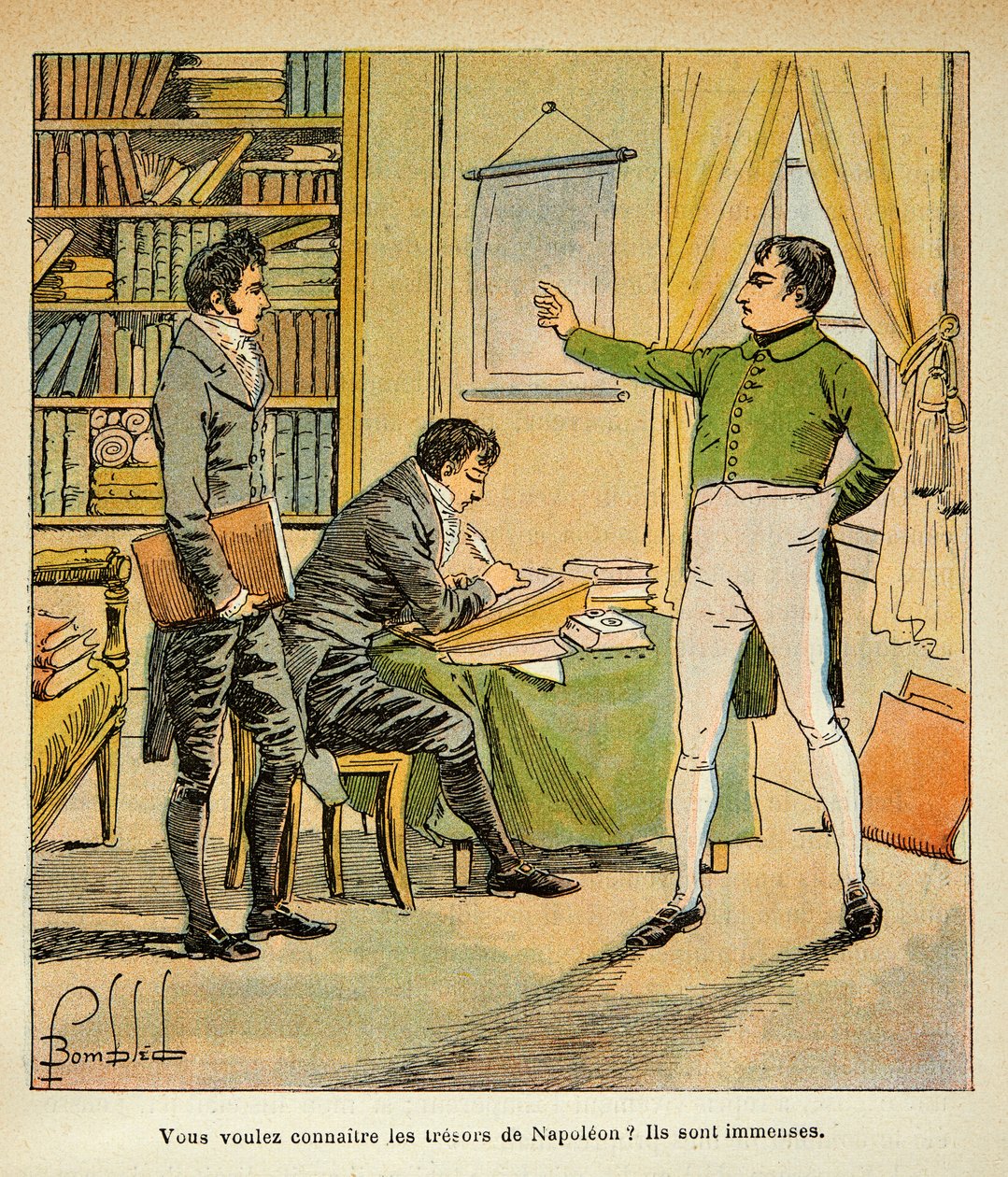 Illustration av den bombade Louis (1862-1927) från boken "The Memorial of Saint Helene" av greve Emmanuel de Las Cases (1766-1842): Napoleon dikterar sina minnesmärken till Las fall, privat samling av Louis Charles Bombled