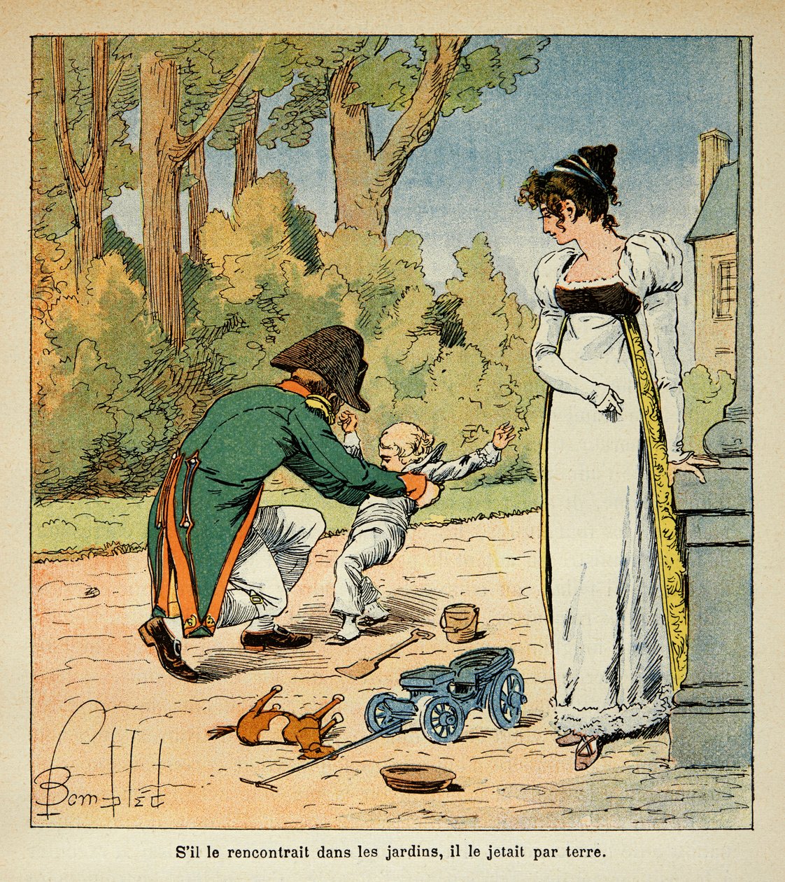 Illustration av den bombade Louis (1862-1927) från boken "The Memorial of Saint Helene" av greve Emmanuel de Las Cases (1766-1842): Napoleon leker med sin son i närvaro av Marie Louise, privat samling av Louis Charles Bombled