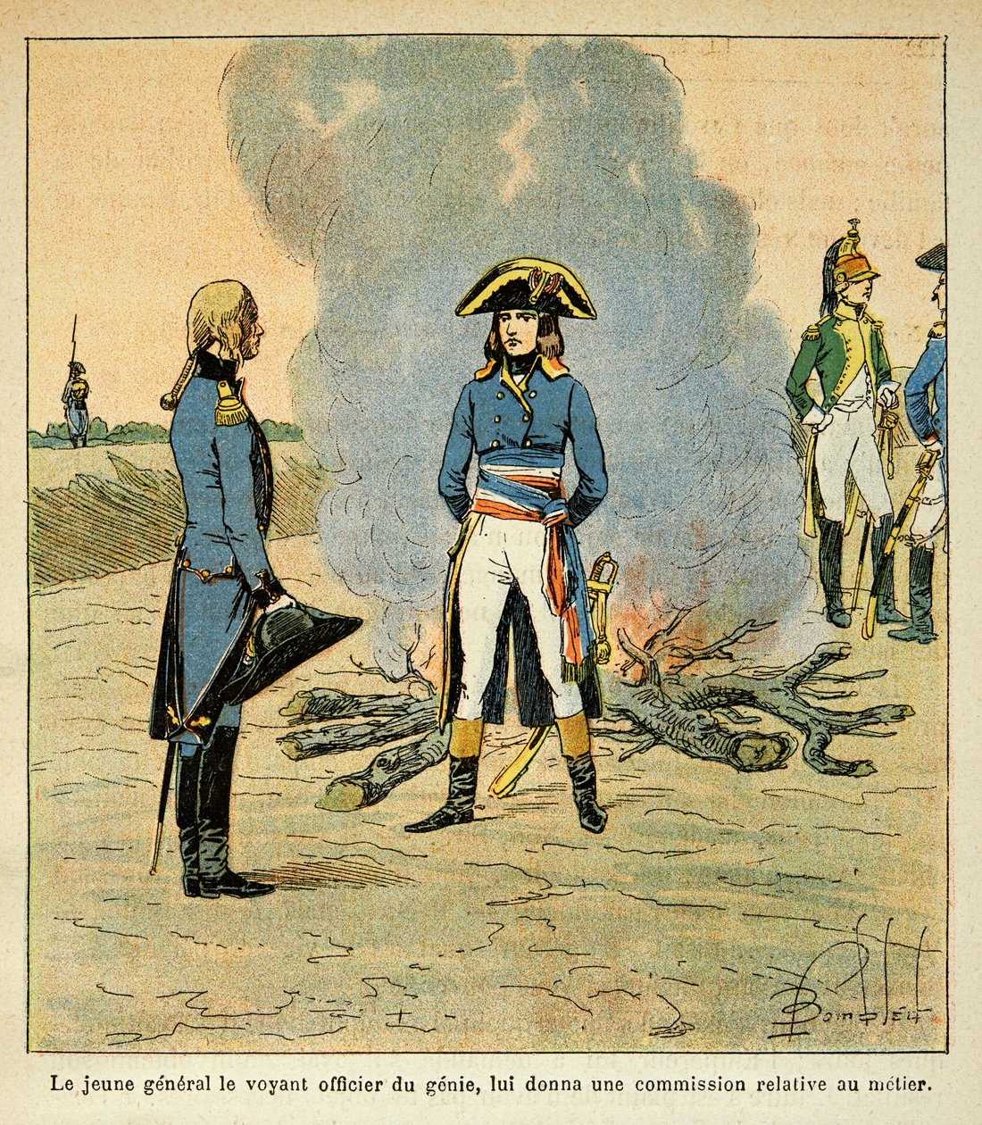 Illustration av den bombade Louis (1862-1927) från boken "The Memorial of Saint Helene" av greve Emmanuel de Las Cases (1766-1842): första mötet mellan Bonaparte och marechal Henri Gatien Bertrand (1773-1844), dåvarande andeofficer i Italiens armé av Louis Charles Bombled