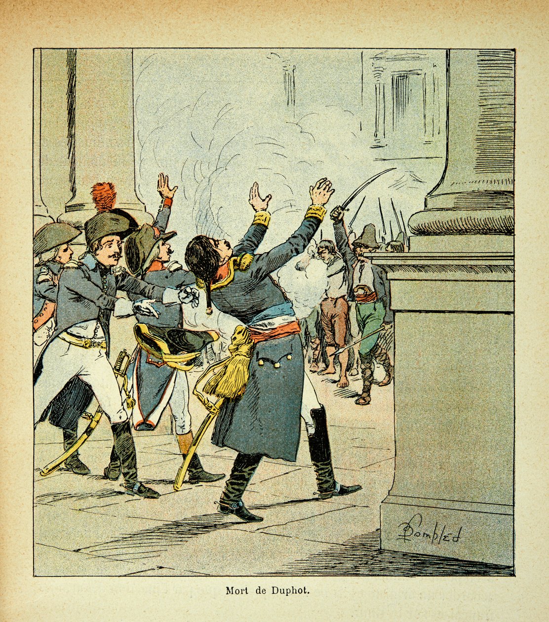 Illustration af den bombede Louis (1862-1927) fra bogen "The Memorial of Saint Helene" af grev Emmanuel de Las Cases (1766-1842): Mordet på general Leonard Duphot (1769-1797) i Rom i 1797, Private Collectionswed av Louis Charles Bombled