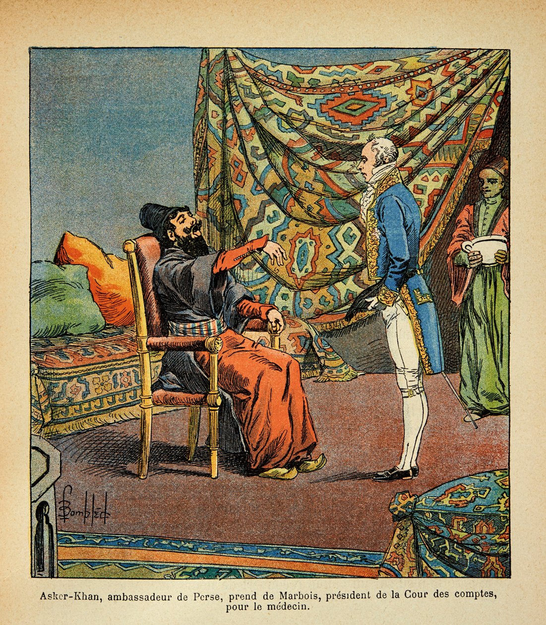 Den bombade Louis (1862-1927) av Francois Barbe-Marbois, den persiske ambassadören, Asker - Khan, på besök i Paris (Beard Marbois) (1745-1837), president av Louis Charles Bombled