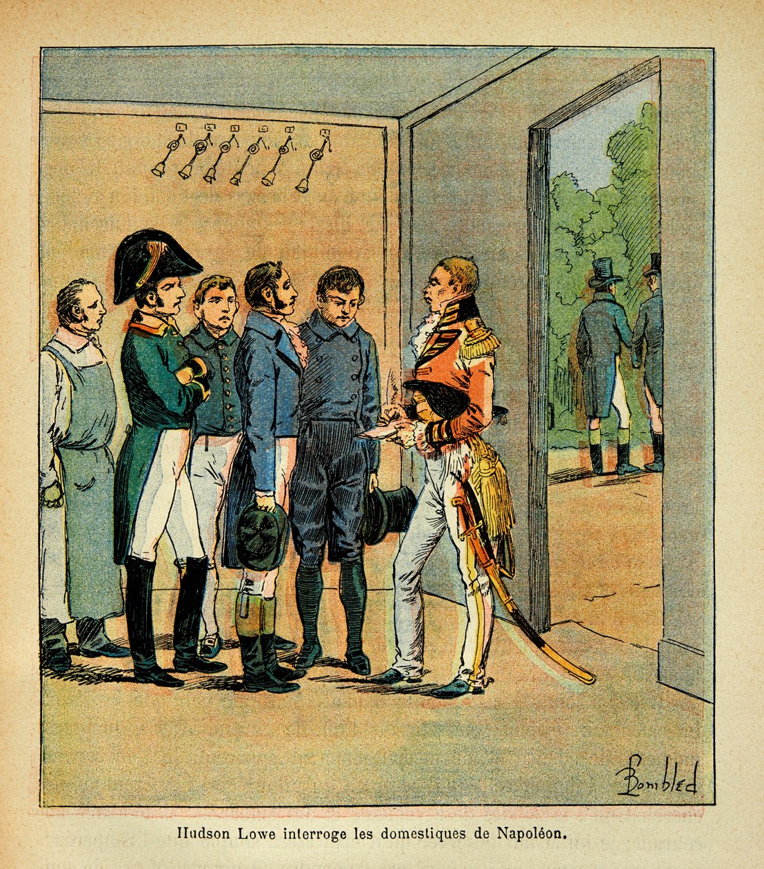 Illustration av bombade Louis (1862-1927) från boken "The Memorial of Saint Helene" av greve Emmanuel de Las Cases (1766-1842): Guvernör Hudson Lowe (1769-1844) ifrågasätter kejsar Napoleons tjänare, privatsamling av Louis Charles Bombled
