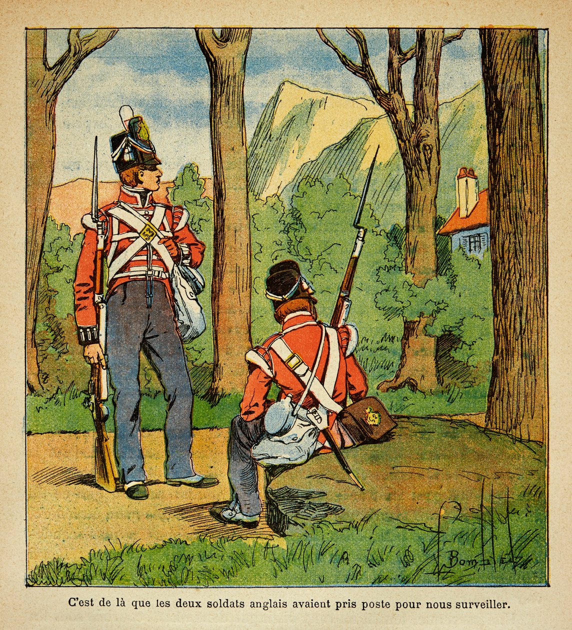 Illustration af den bombede Louis (1862-1927) fra bogen "The Memorial of Saint Helene" af grev Emmanuel de Las Cases (1766-1842): Engelske soldater med ansvar for overvågningen af kejser Napoleon i St. Helene, Private Collectionswed av Louis Charles Bombled