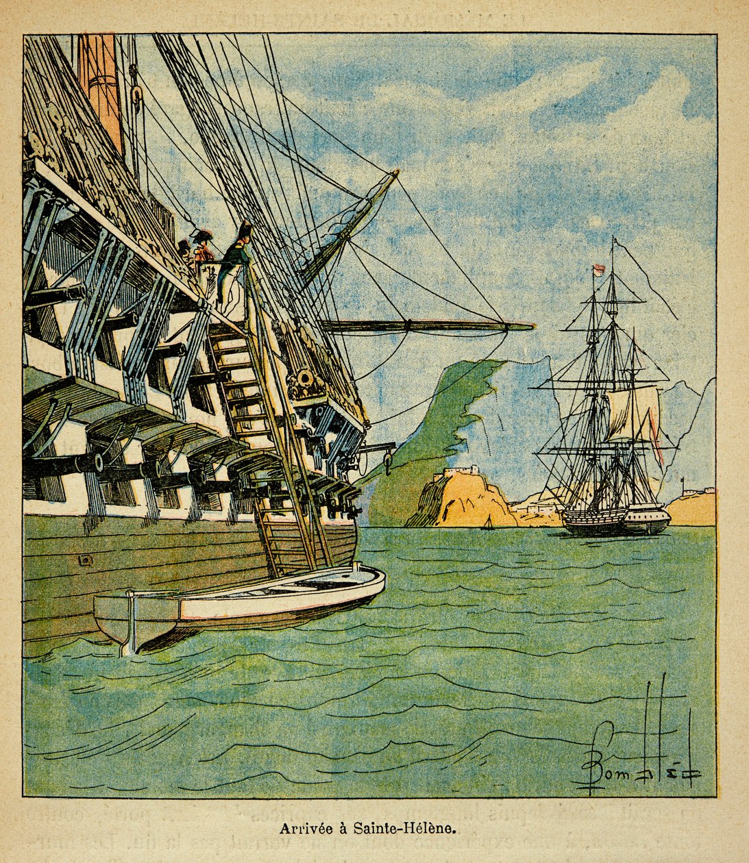Illustration af den bombede Louis (1862-1927) fra bogen "The Memorial of Saint Helene" af grev Emmanuel de Las Cases (1766-1842): Napoleons ankomst til Sainte Helene den 15. oktober av Louis Charles Bombled